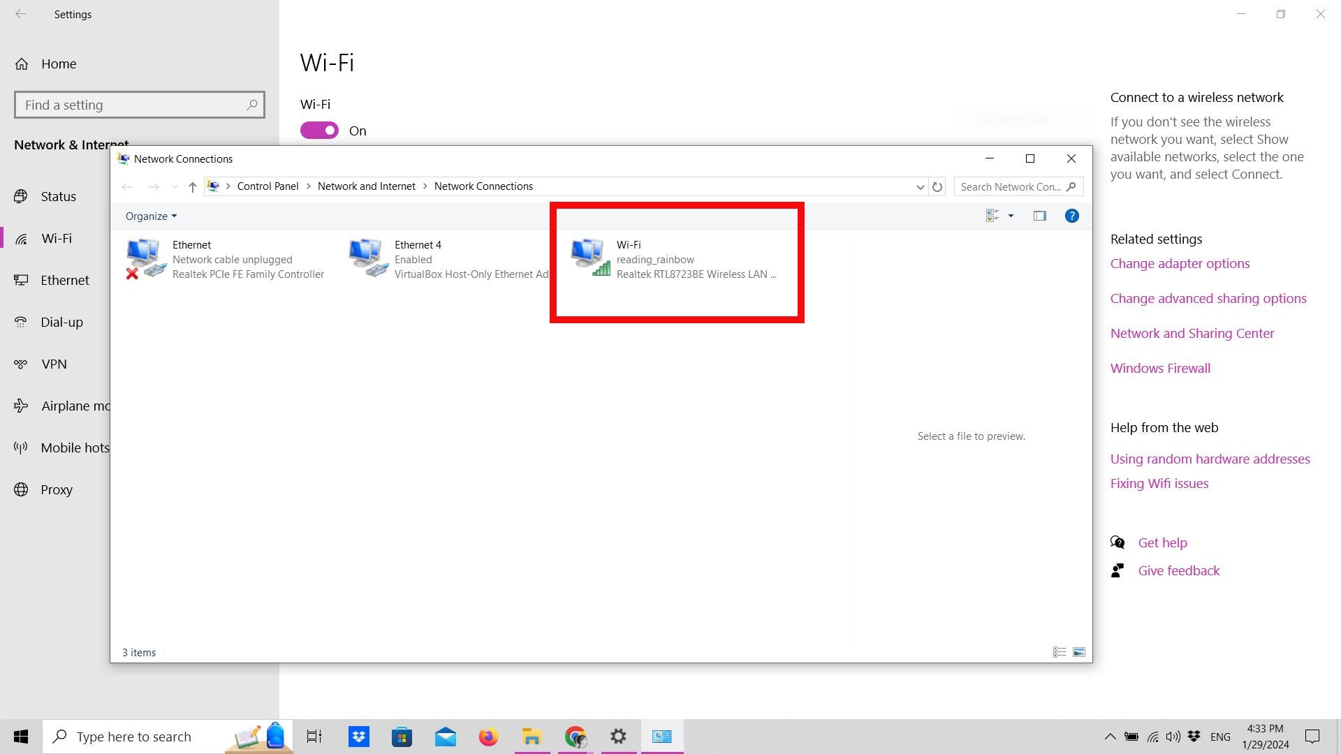 Screenshot of Wi-Fi and Network connection settings in Windows 10 Screenshot of Wi-Fi and Network connection settings in Windows 10