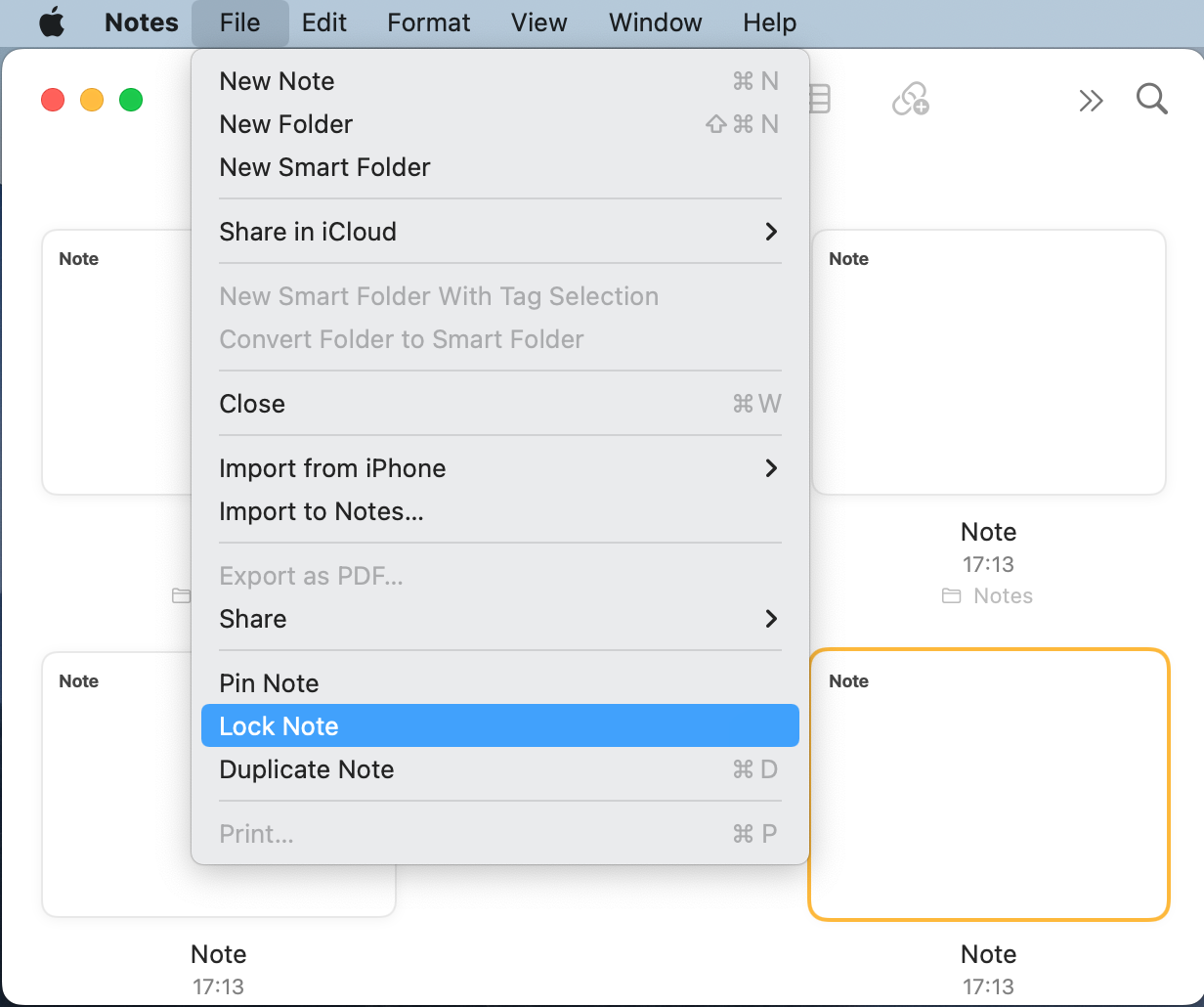Notes shows the File menu with the option to Lock Note. Click this option to protect a note with a password. Notes shows the File menu with the option to Lock Note. Click this option to protect a note with a password.