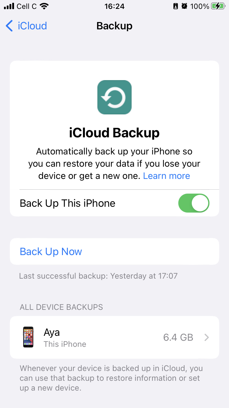To turn off iCloud backup on your device, go to Settings, tap your name, choose iCloud > iCloud Backup, and toggle off Back Up This iPhone. To turn off iCloud backup on your device, go to Settings, tap your name, choose iCloud > iCloud Backup, and toggle off Back Up This iPhone.