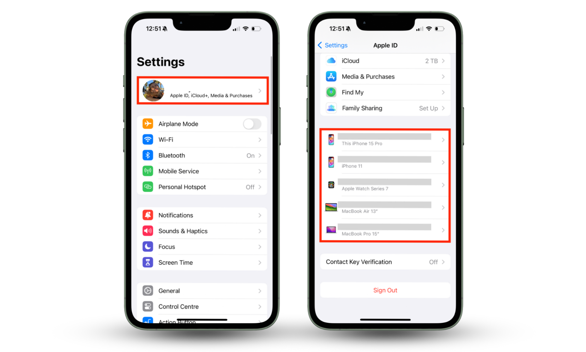 Screenshots of the Settings app on iPhone showing how to review the list of synced devices to see whether your wife is tracking you on your iPhone. Screenshots of the Settings app on iPhone showing how to review the list of synced devices to see whether your wife is tracking you on your iPhone.