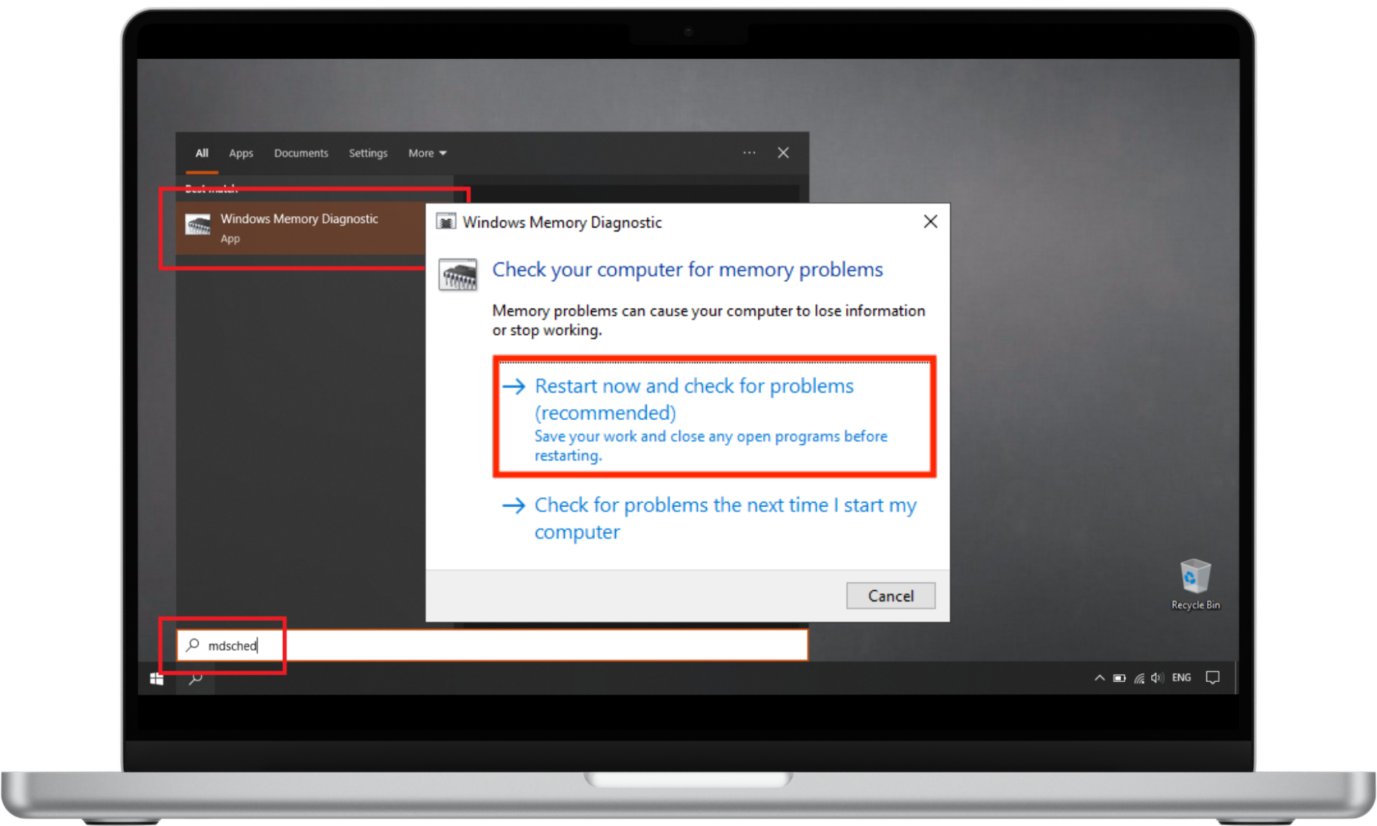 To check RAM using the Windows Memory Diagnostic tool on Windows 10 and 11, click on Restart now and check for problems (recommended). Don’t forget to save your work to avoid losing data and close all open programs. To check RAM using the Windows Memory Diagnostic tool on Windows 10 and 11, click on Restart now and check for problems (recommended). Don’t forget to save your work to avoid losing data and close all open programs.