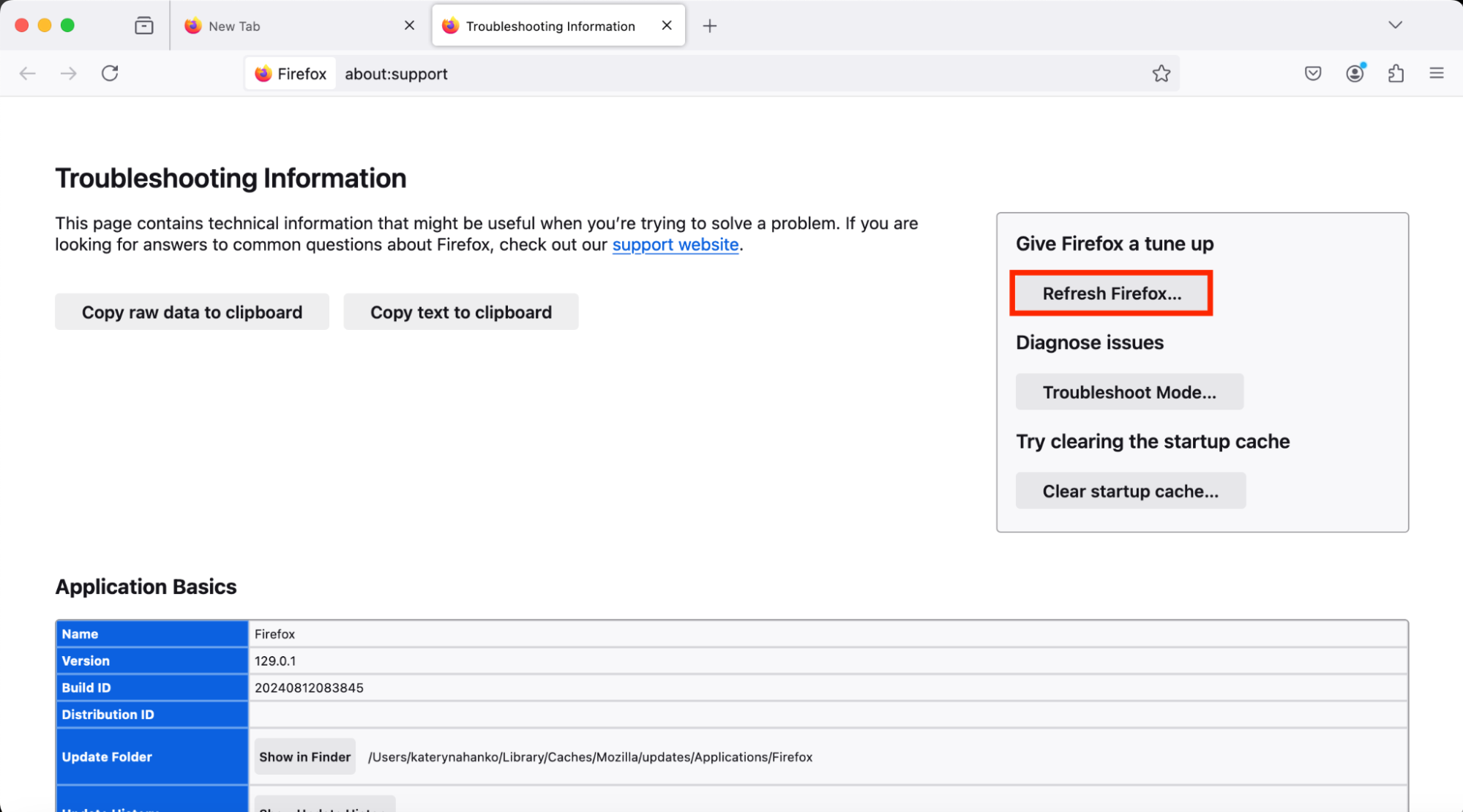 A screenshot of Firefox's Troubleshooting Information page showing how to refresh Firefox and remove malware from Mac. A screenshot of Firefox's Troubleshooting Information page showing how to refresh Firefox and remove malware from Mac.