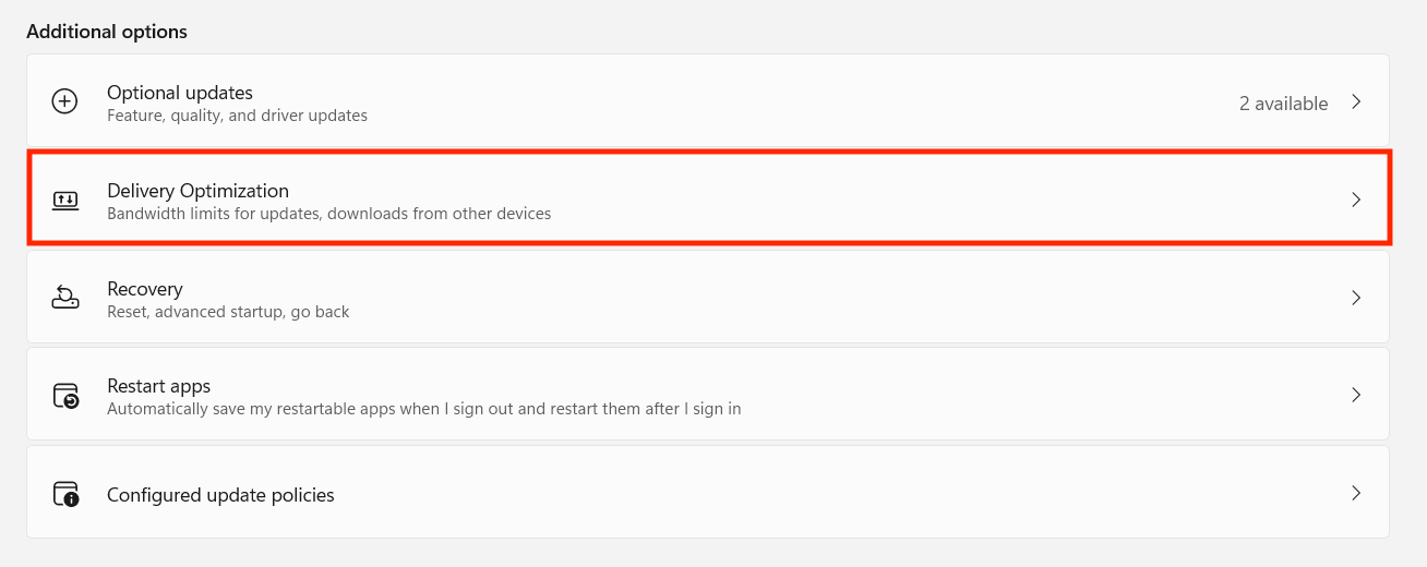 Highlighting the Delivery Optimization tab in Windows 11. Highlighting the Delivery Optimization tab in Windows 11.