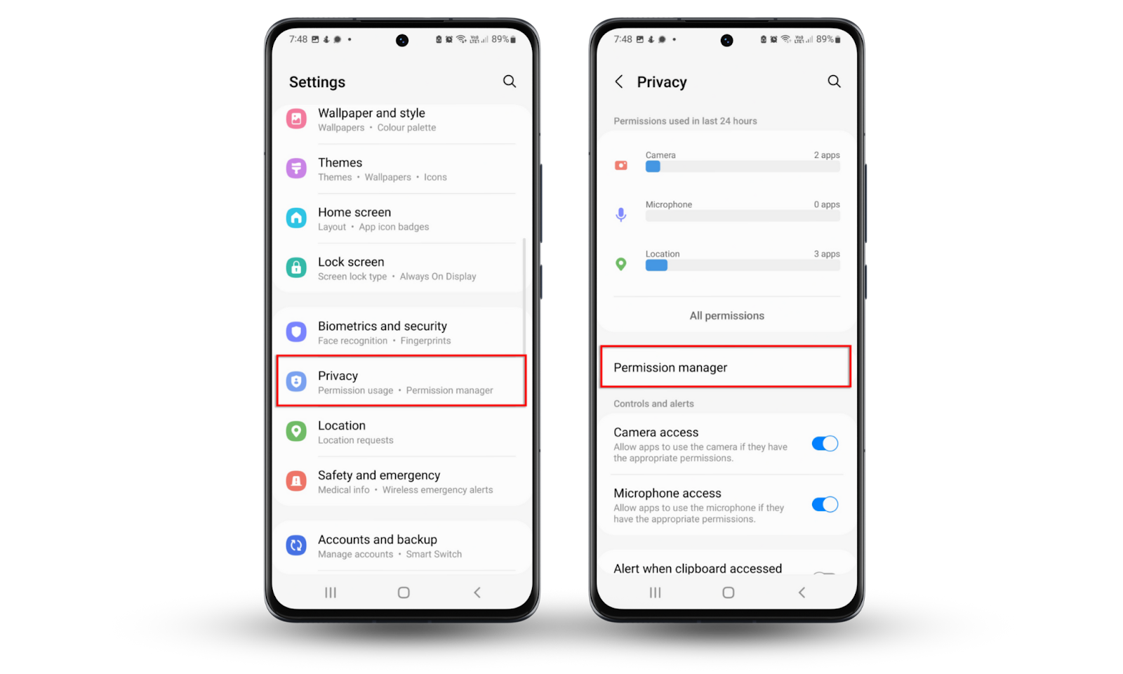 If you want to Catch Someone Spying on Your Phone, check app permissions on an Android. Open Settings > Privacy. Choose Permission Manager. If you want to Catch Someone Spying on Your Phone, check app permissions on an Android. Open Settings > Privacy. Choose Permission Manager.