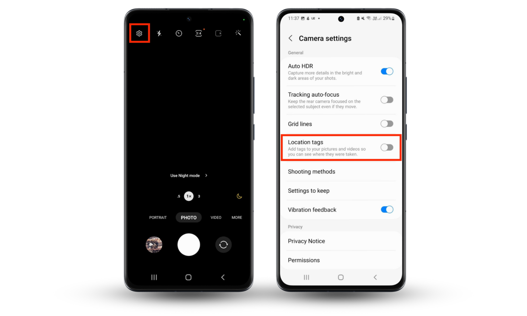 An Android screen showing how to turn off Location tags on photos. An Android screen showing how to turn off Location tags on photos.