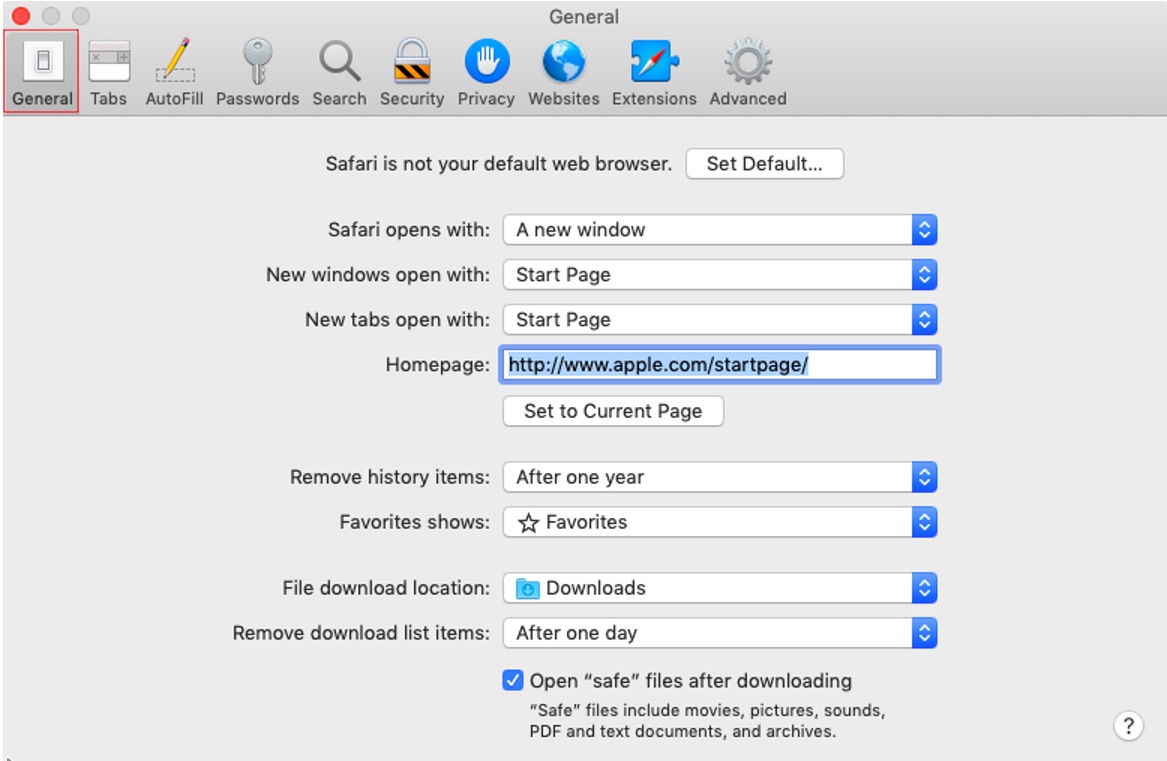 General tab in Safari General tab in Safari
