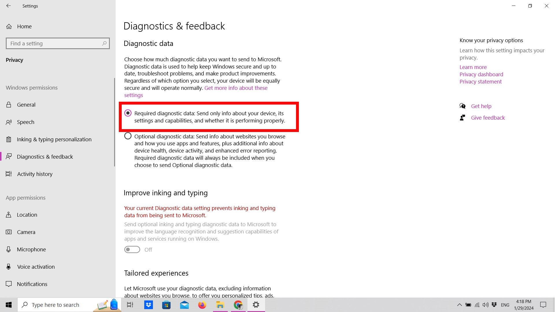 Diagnostics settings in Windows 10 Diagnostics settings in Windows 10