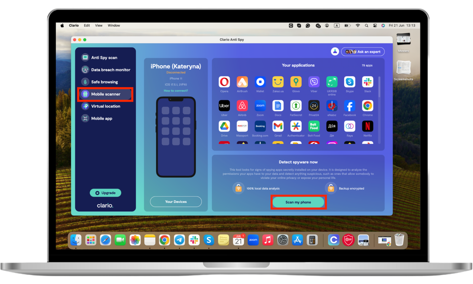 Clario Anti Spy dashboard that shows how to run a Device System Check and Spyware Scan in Clario AntiSpy and check iPhone unlock history. Clario Anti Spy dashboard that shows how to run a Device System Check and Spyware Scan in Clario AntiSpy and check iPhone unlock history.