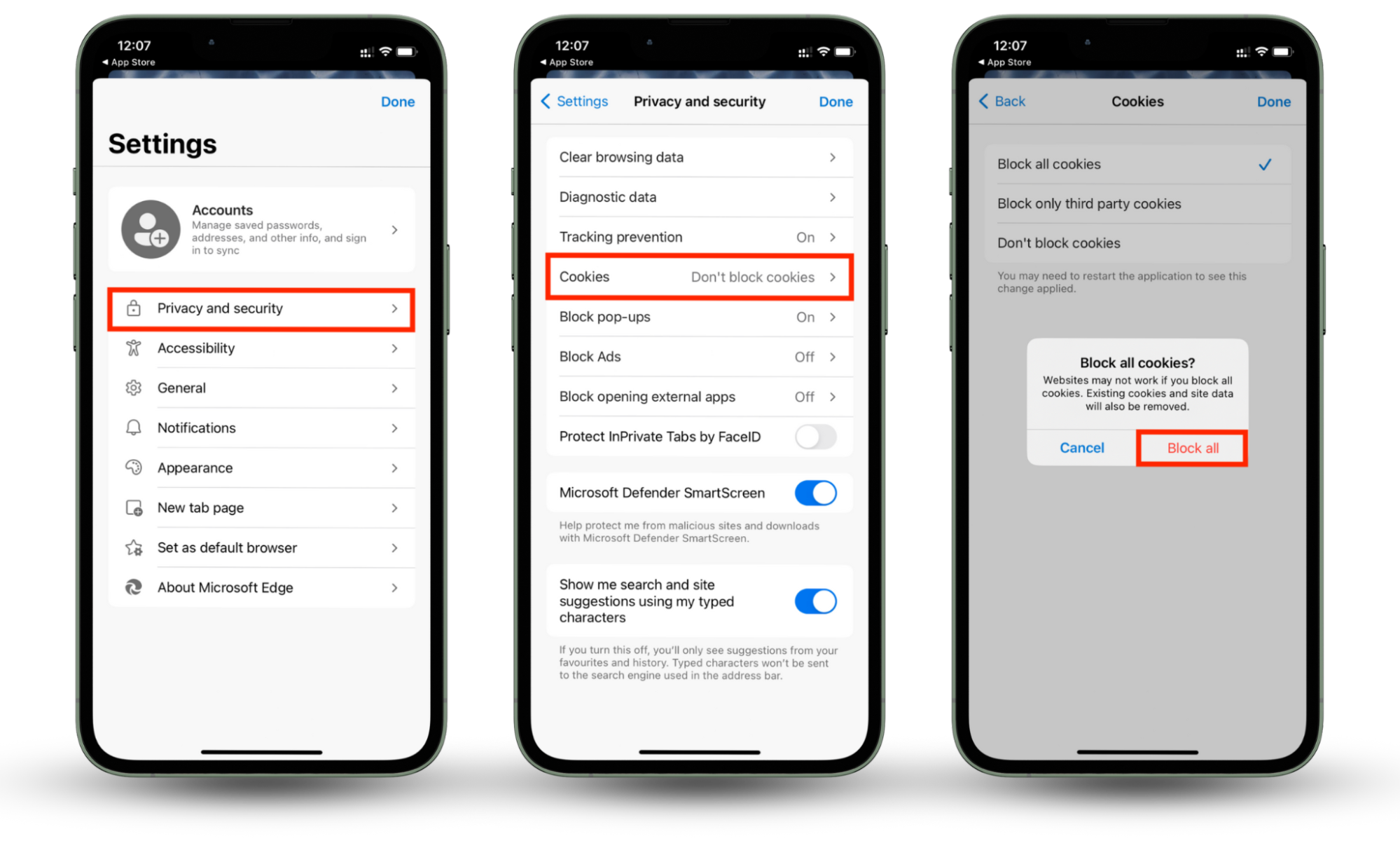 Follow the instructions in the picture to block all cookies in Microsoft Edge on your iPhone. Follow the instructions in the picture to block all cookies in Microsoft Edge on your iPhone.