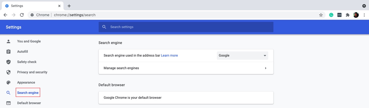 The Search engine section in Chrome The Search engine section in Chrome