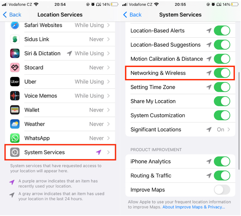 iPhone screens showing the location service menu highlighting System Service; and the System Services menu highlighting Network and Wireless. iPhone screens showing the location service menu highlighting System Service; and the System Services menu highlighting Network and Wireless.