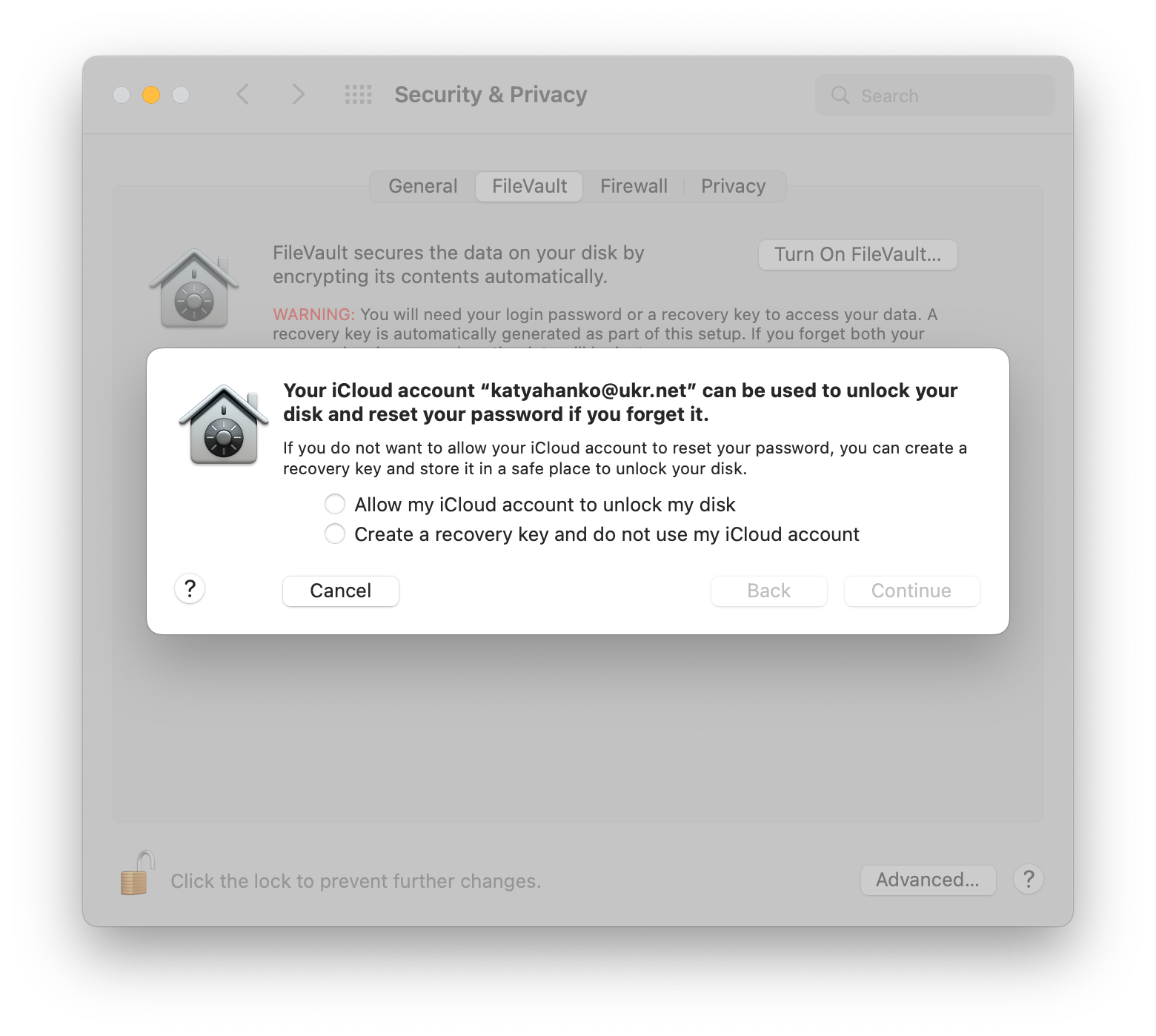 FileVault shows the options for unlocking your encrypted disk. Select the option you prefer, then click Continue. FileVault shows the options for unlocking your encrypted disk. Select the option you prefer, then click Continue.