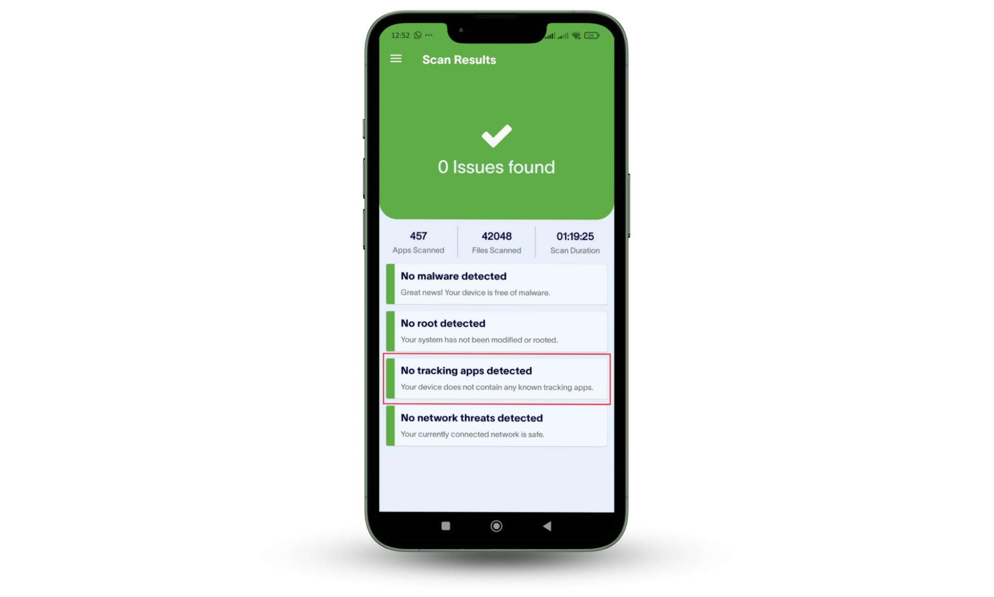 Clario vs Certo: Certo AntiSpy app scan results showing '0 Issues found,' with details including no malware, root, tracking apps, or network threats detected. Clario vs Certo: Certo AntiSpy app scan results showing '0 Issues found,' with details including no malware, root, tracking apps, or network threats detected.