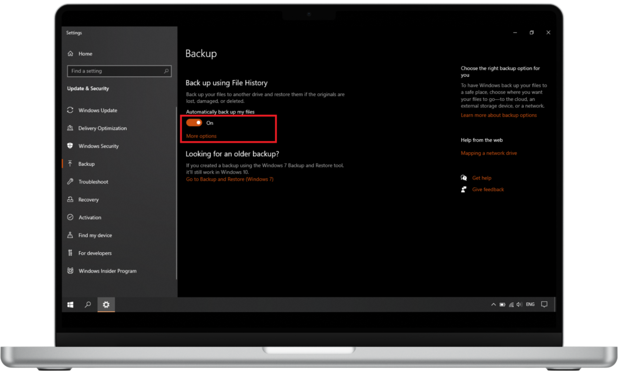 Continue to create backups for important files. In the Backup Settings window, switch to On in the Automatically back up my files section, and click on More options. Continue to create backups for important files. In the Backup Settings window, switch to On in the Automatically back up my files section, and click on More options.
