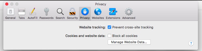 Safari preferences menu with Privacy tab opened. Highlighting Manage Website Data Safari preferences menu with Privacy tab opened. Highlighting Manage Website Data