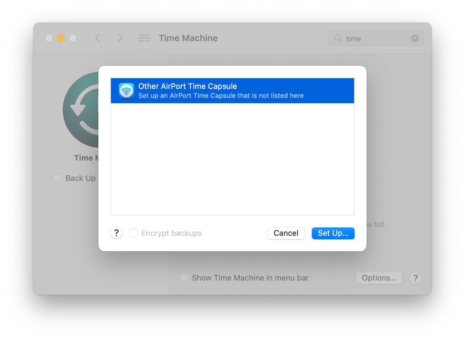 The Time Machine menu shows the option to choose a disk for your backup. Select the disk you want to use, then click Set Up. The Time Machine menu shows the option to choose a disk for your backup. Select the disk you want to use, then click Set Up.