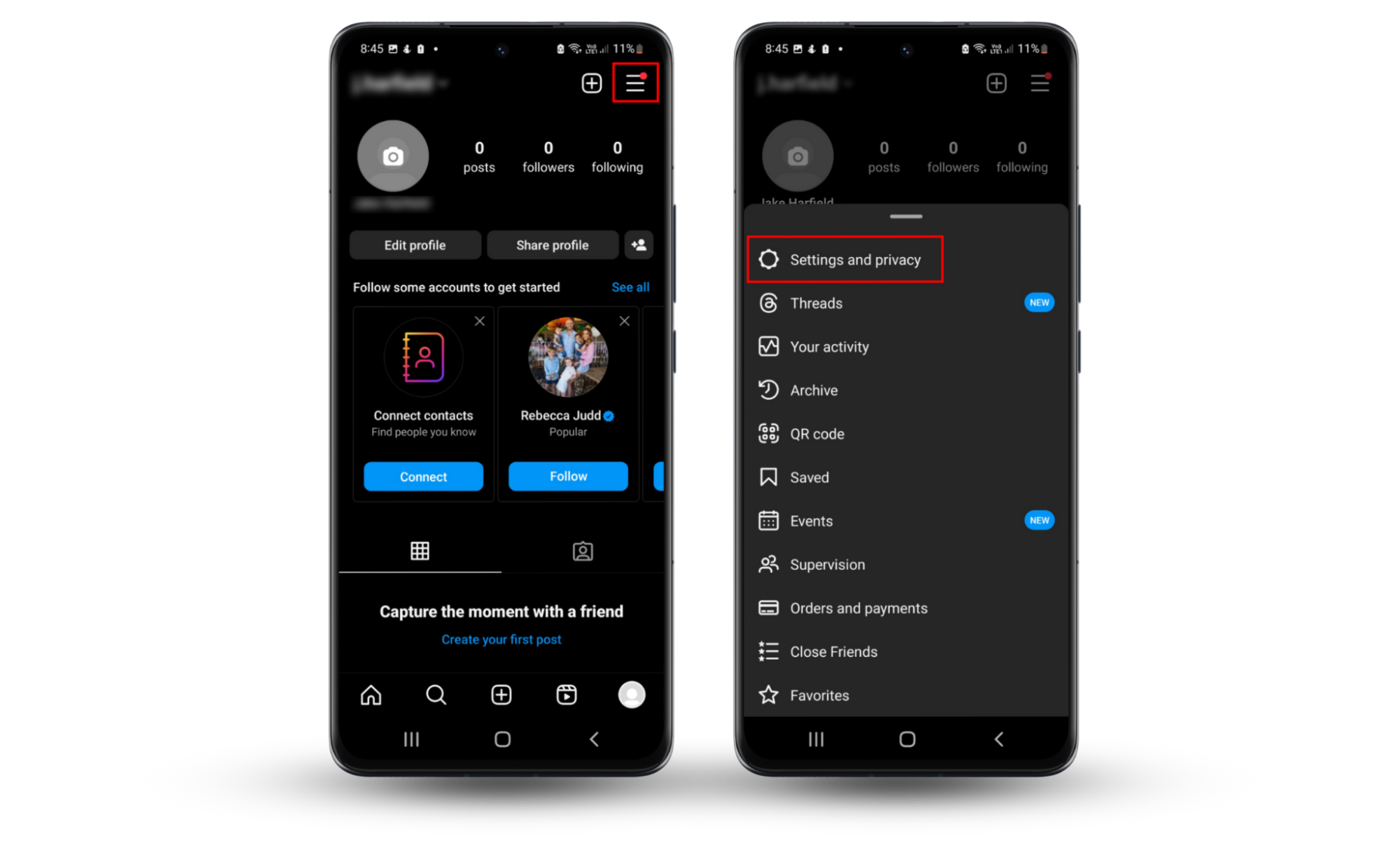 A screenshot of an Android device showing how to access Instagram's settings menu to stop it from spying on you. A screenshot of an Android device showing how to access Instagram's settings menu to stop it from spying on you.