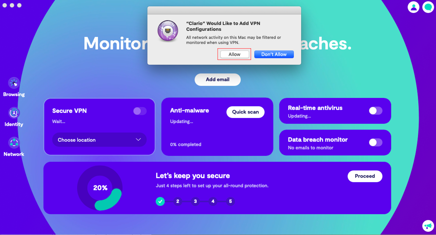 Click Allow to confirm the VPN configuration. Click Allow to confirm the VPN configuration.