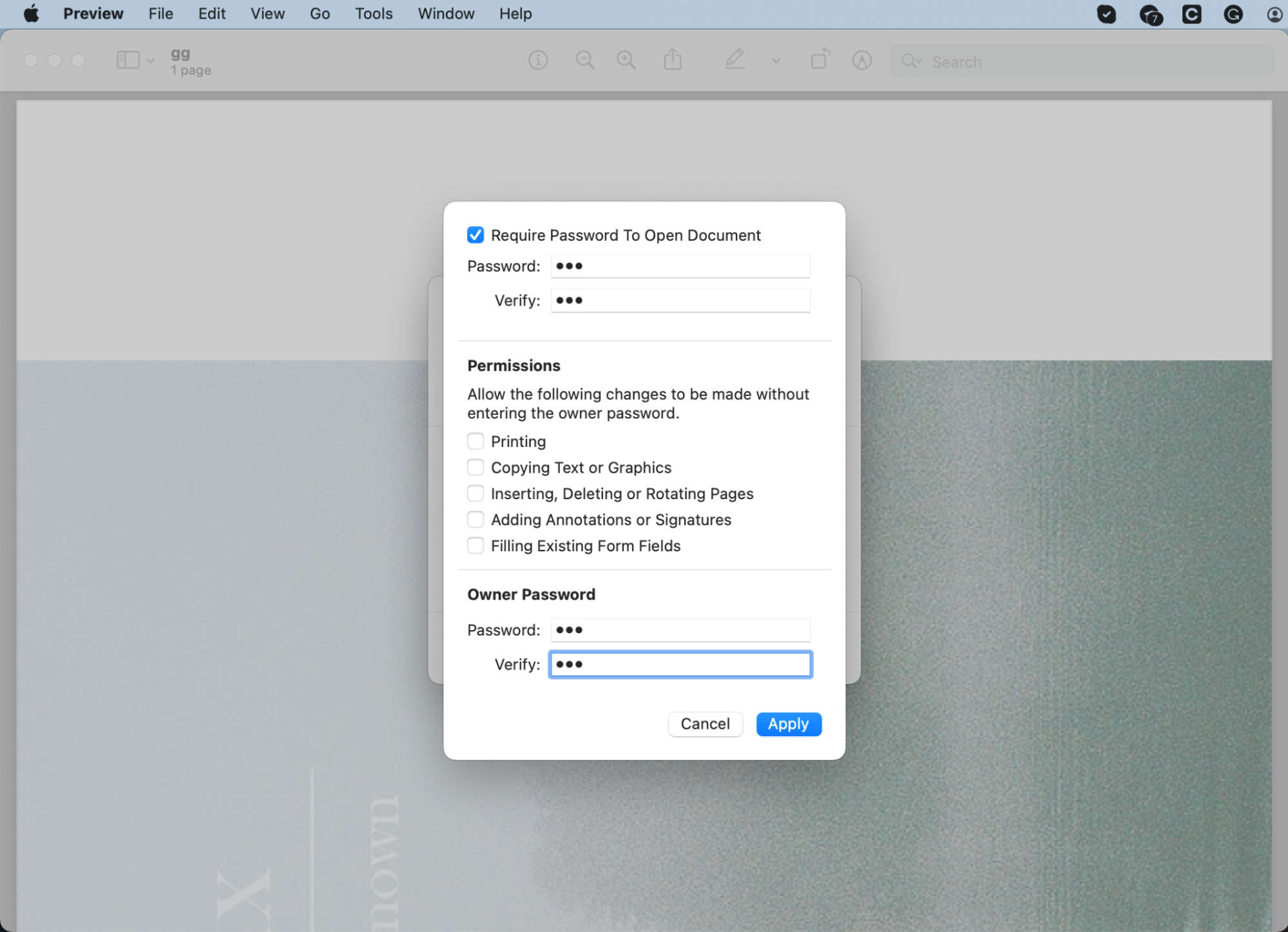 Preview shows the export window with the option to add a password to the file. Create and then verify your password before clicking Apply. Preview shows the export window with the option to add a password to the file. Create and then verify your password before clicking Apply.