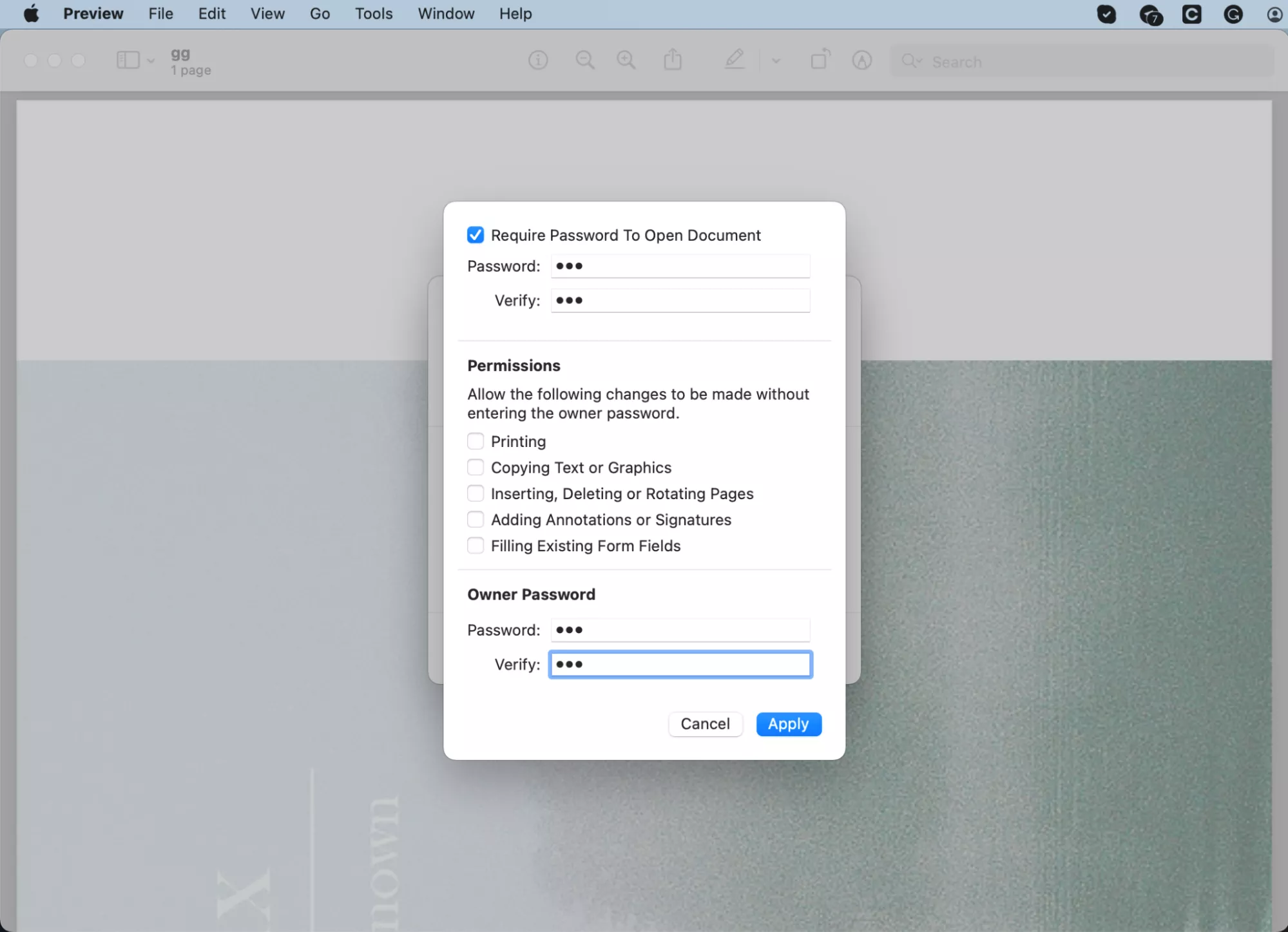 Preview shows the export window with the option to add a password to the file. Create and then verify your password before clicking Apply.
