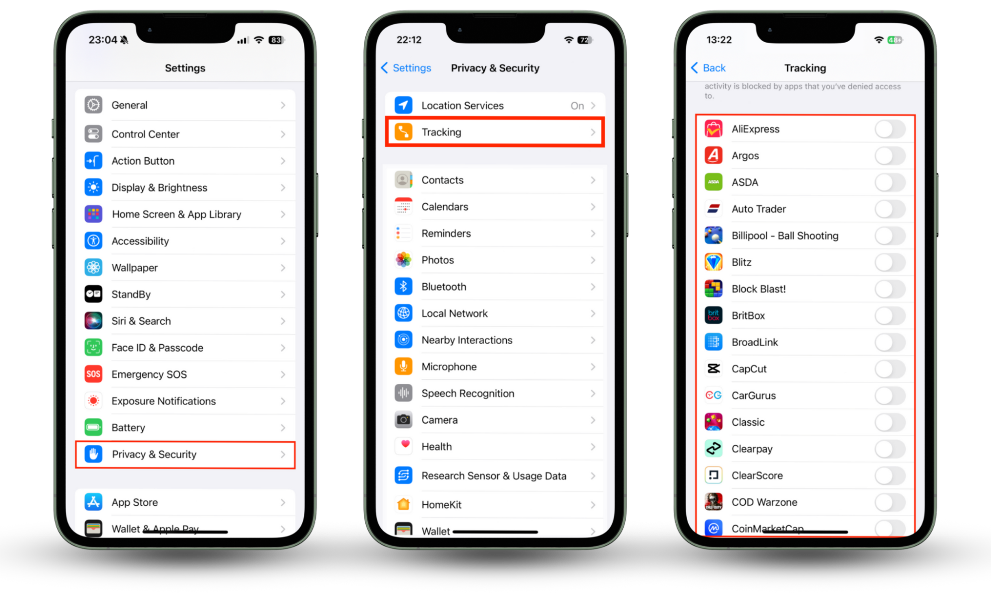 The Tracking menu inside Privacy & Security settings on iPhone. Go through the list of apps and use the toggles to disable tracking for all apps that don't need it. This will help keep your iPhone secure from hackers who want to track your activities. The Tracking menu inside Privacy & Security settings on iPhone. Go through the list of apps and use the toggles to disable tracking for all apps that don't need it. This will help keep your iPhone secure from hackers who want to track your activities.