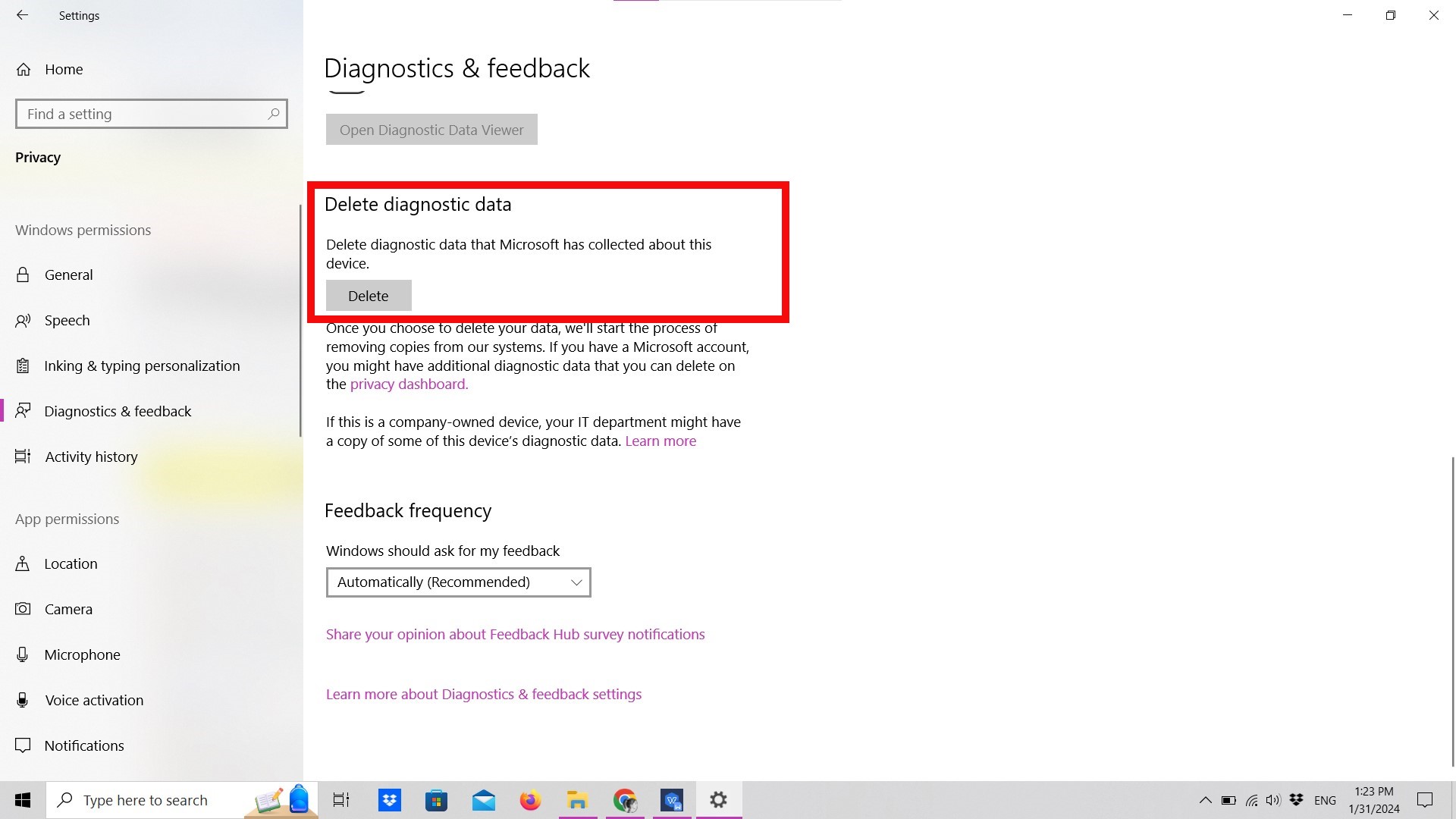 Delete diagnostic data in Settings on Windows 10 Delete diagnostic data in Settings on Windows 10