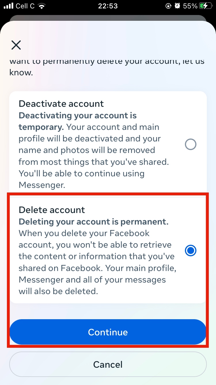 Permanently deleting a user's Facebook account on a phone. Permanently deleting a user's Facebook account on a phone.