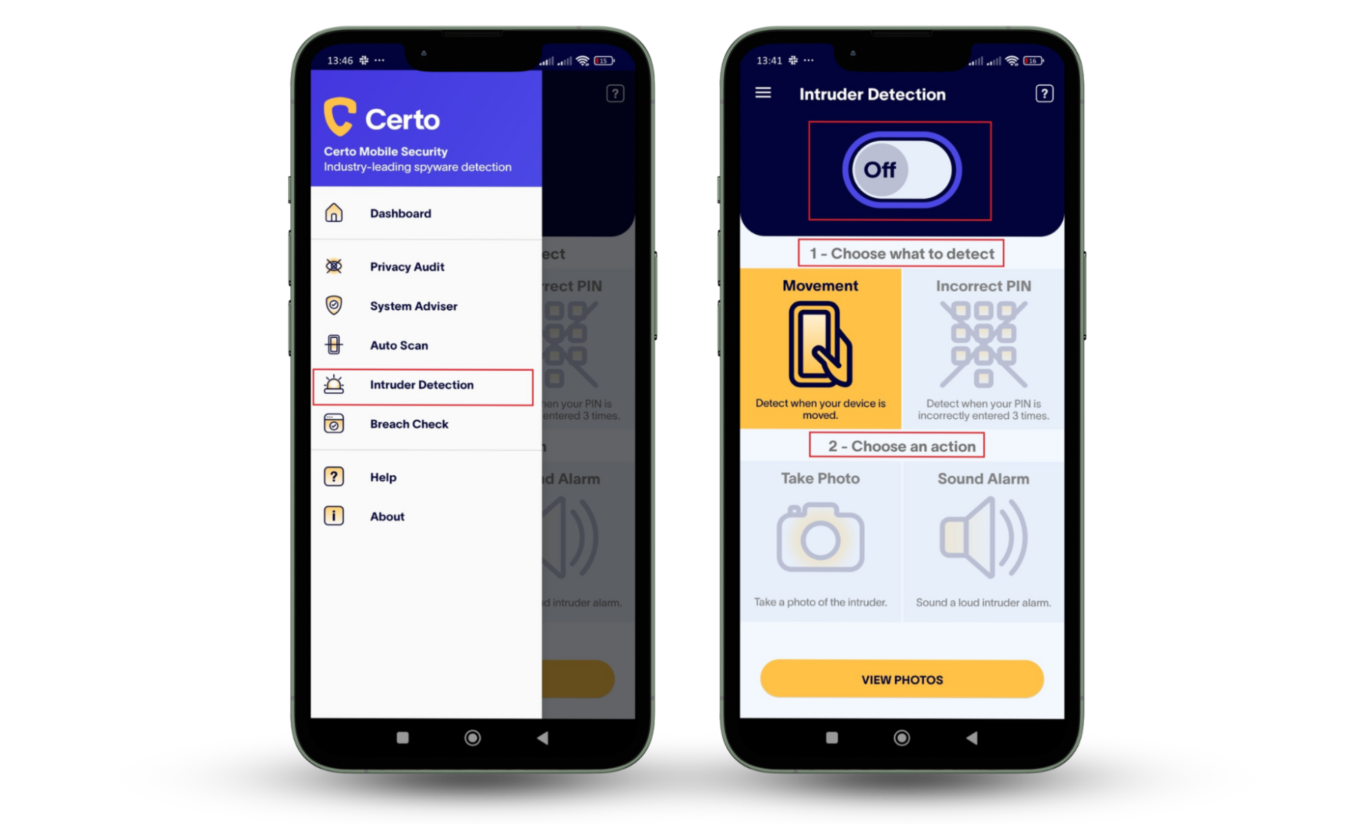Clario vs Certo: The Certo AntiSpy app shows the menu with the 'Intruder Detection' setup screen, which has options to detect movement or incorrect PIN entry and actions to take a photo or sound an alarm. Clario vs Certo: The Certo AntiSpy app shows the menu with the 'Intruder Detection' setup screen, which has options to detect movement or incorrect PIN entry and actions to take a photo or sound an alarm.