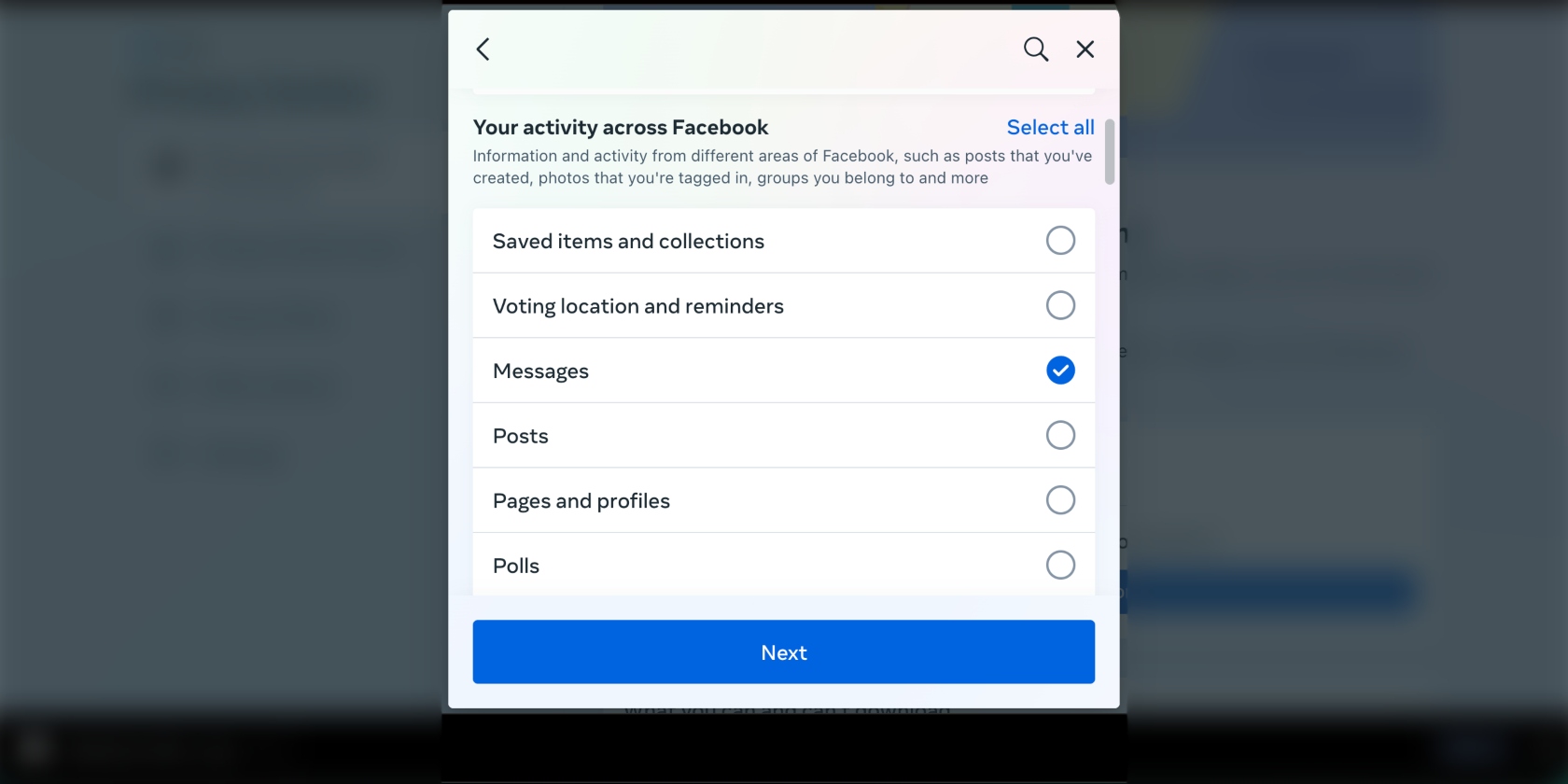 messages selected in Facebook data download settings messages selected in Facebook data download settings