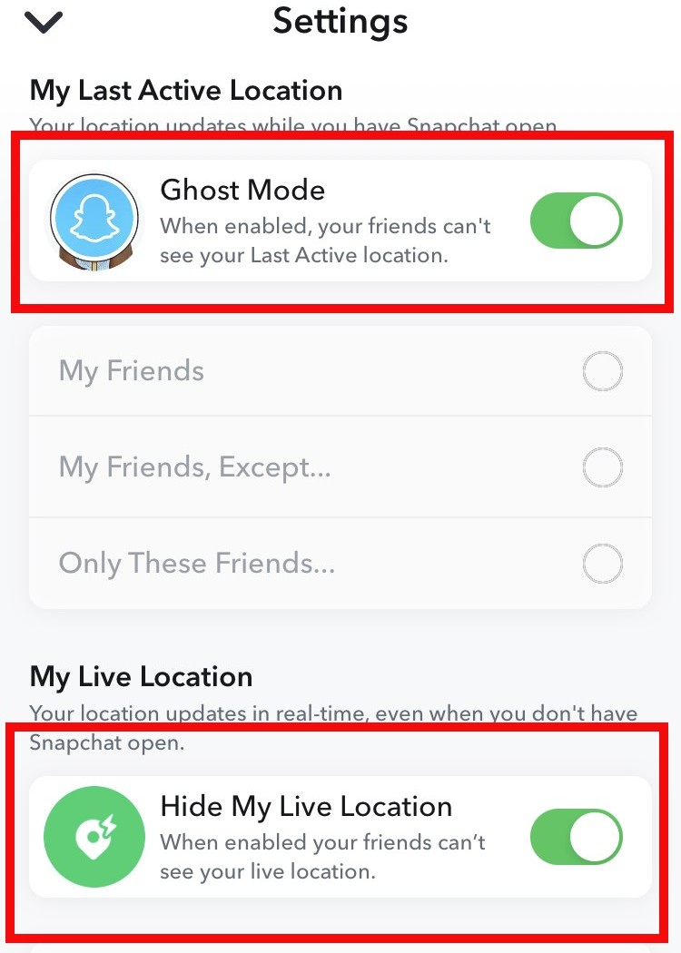 Screenshot of the See My Location menu in Snapchat, with Ghost Mode and Hide My Live Location turned on in order to prevent Snapchat stories stalking. Screenshot of the See My Location menu in Snapchat, with Ghost Mode and Hide My Live Location turned on in order to prevent Snapchat stories stalking.