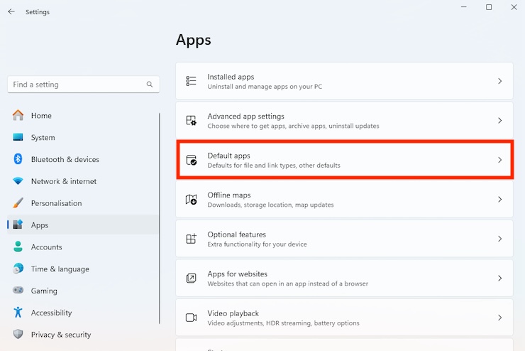 The Settings app in Windows shows the Apps menu. Click Default apps to change default apps, like your web browser. The Settings app in Windows shows the Apps menu. Click Default apps to change default apps, like your web browser.