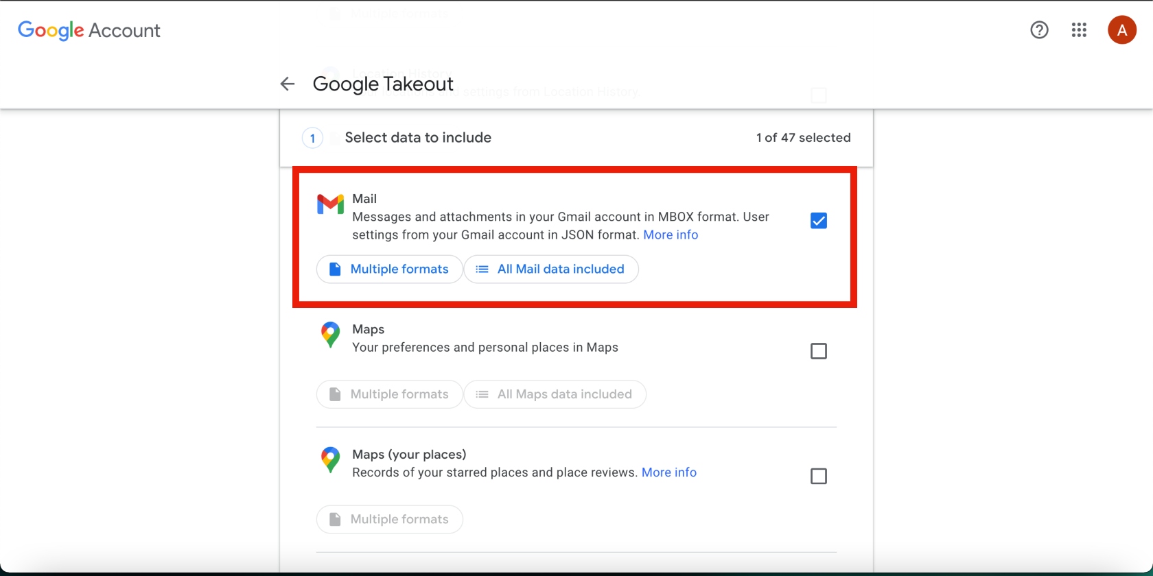 Mail data selected in Google Takeout Mail data selected in Google Takeout