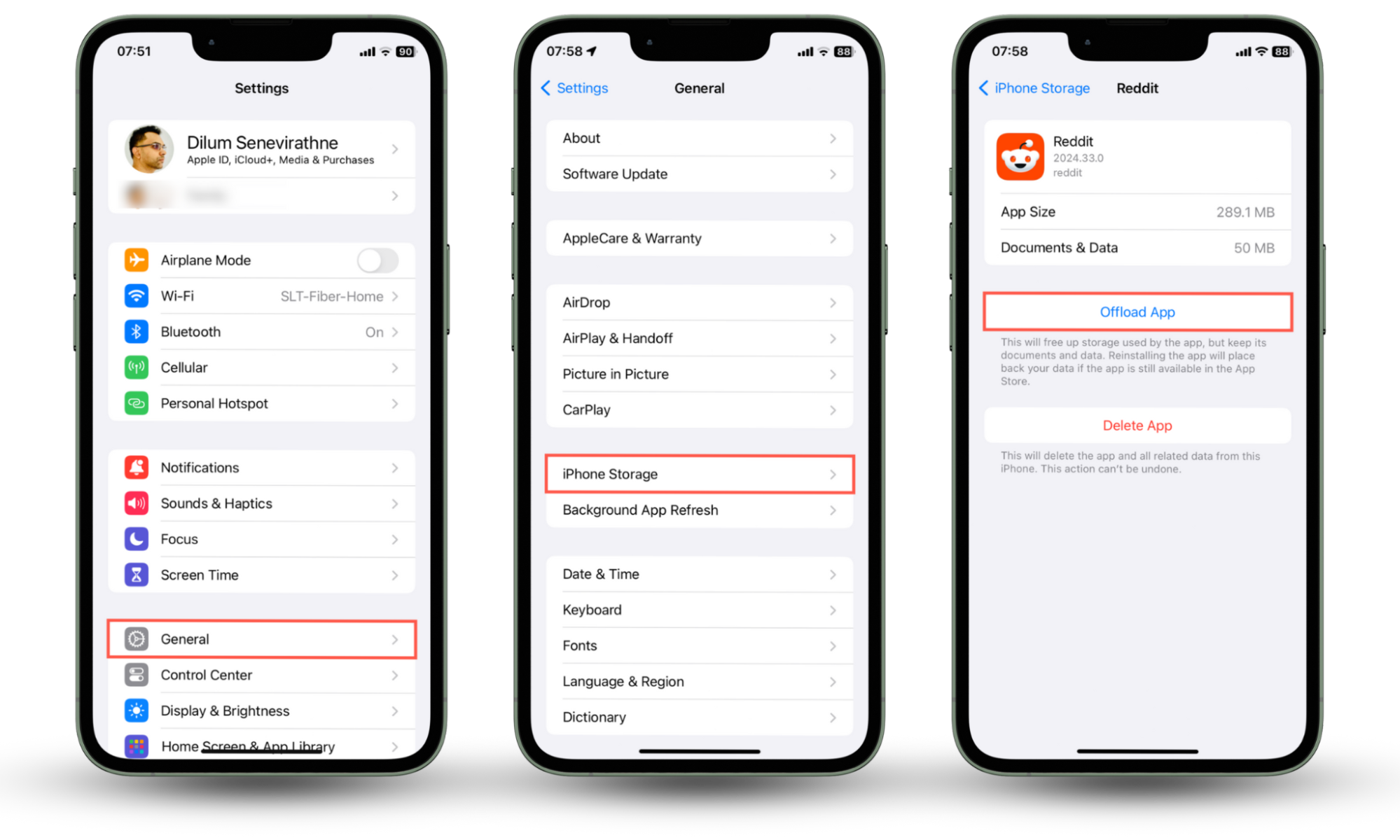 Screenshots that demonstrate how to clear an app's cache on iOS by offloading and reinstalling it if your phone keeps glitching. Screenshots that demonstrate how to clear an app's cache on iOS by offloading and reinstalling it if your phone keeps glitching.