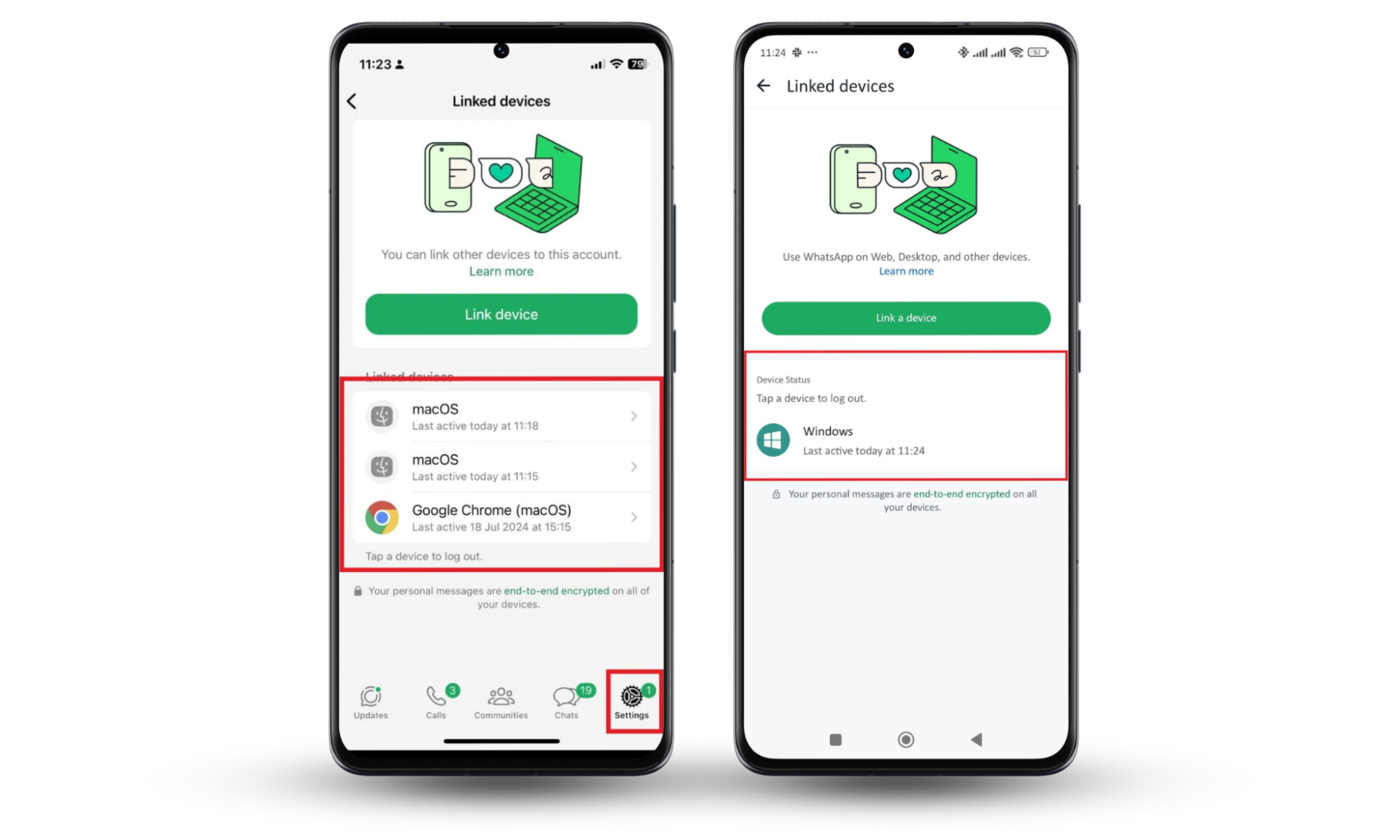 iPhone and Android screens showing the Linked Devices menu and how to log out of a linked device to stop your husband tracking you. iPhone and Android screens showing the Linked Devices menu and how to log out of a linked device to stop your husband tracking you.
