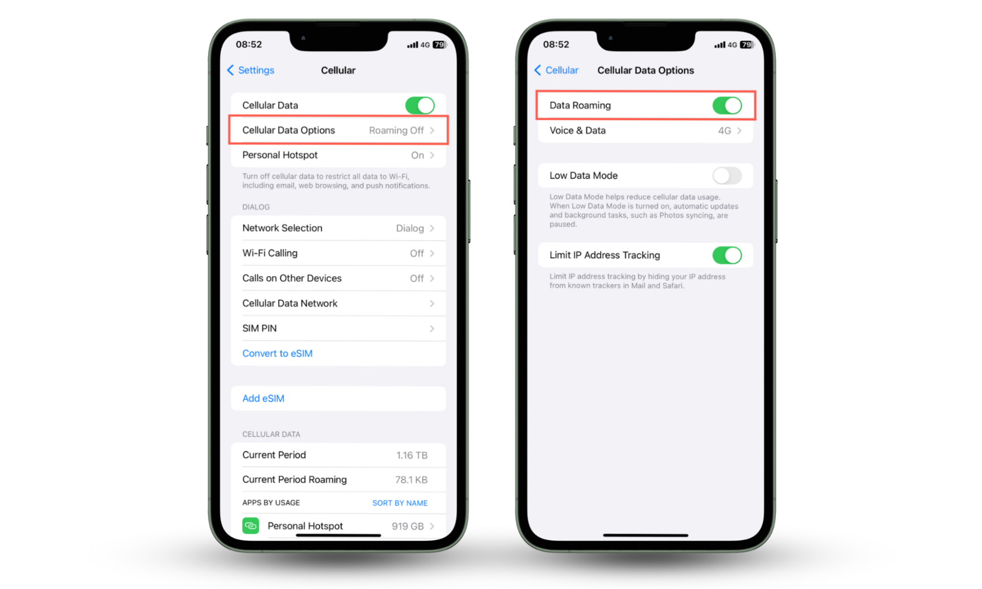 Screenshots that demonstrate how to fix an iPhone stuck on Emergency SOS by enabling Data Roaming via Cellular settings. Screenshots that demonstrate how to fix an iPhone stuck on Emergency SOS by enabling Data Roaming via Cellular settings.