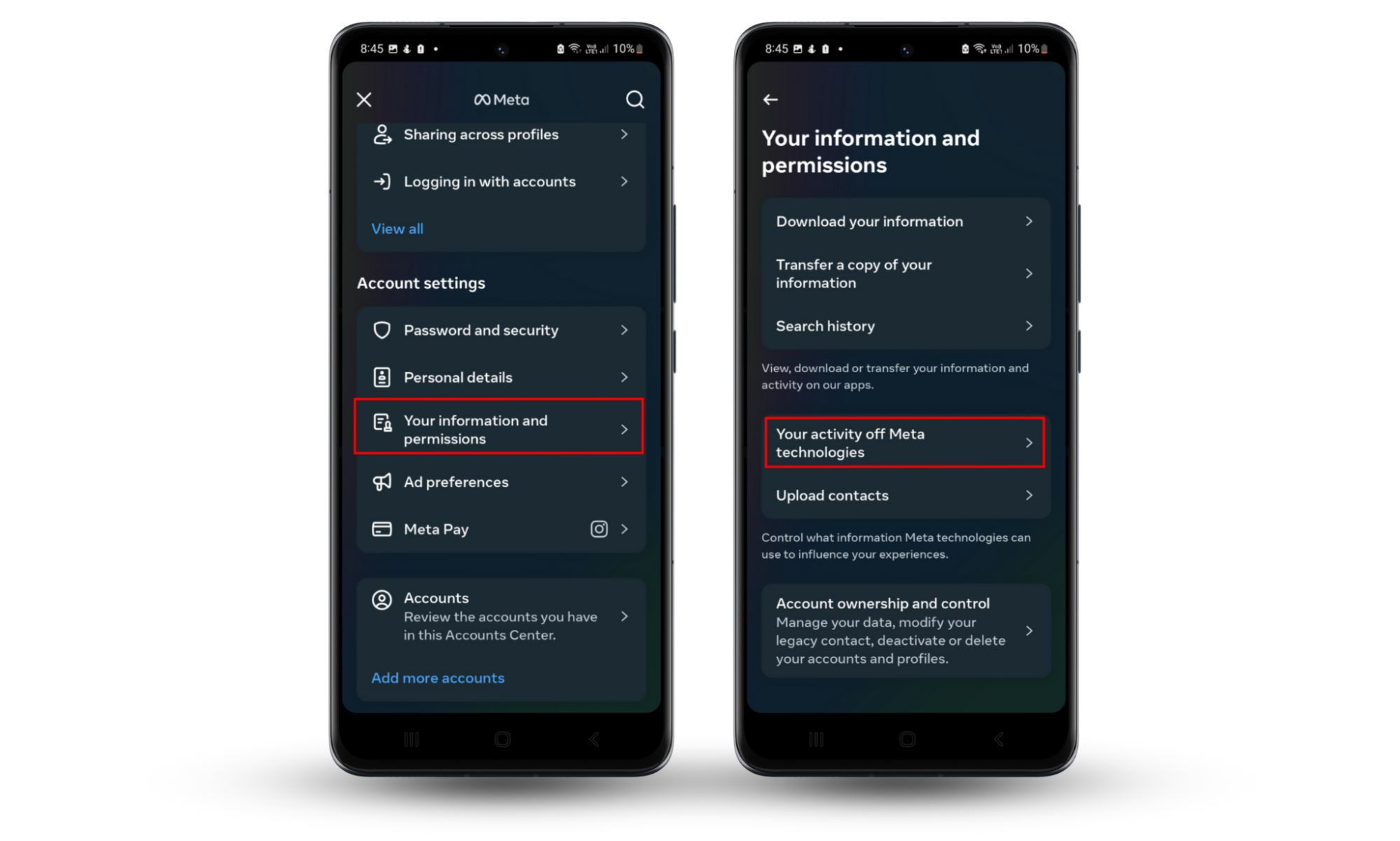 A screenshot of an Android screen showing where in Instagram you can access the Your activity off Meta technologies setting to stop Instagram from spying on you. A screenshot of an Android screen showing where in Instagram you can access the Your activity off Meta technologies setting to stop Instagram from spying on you.
