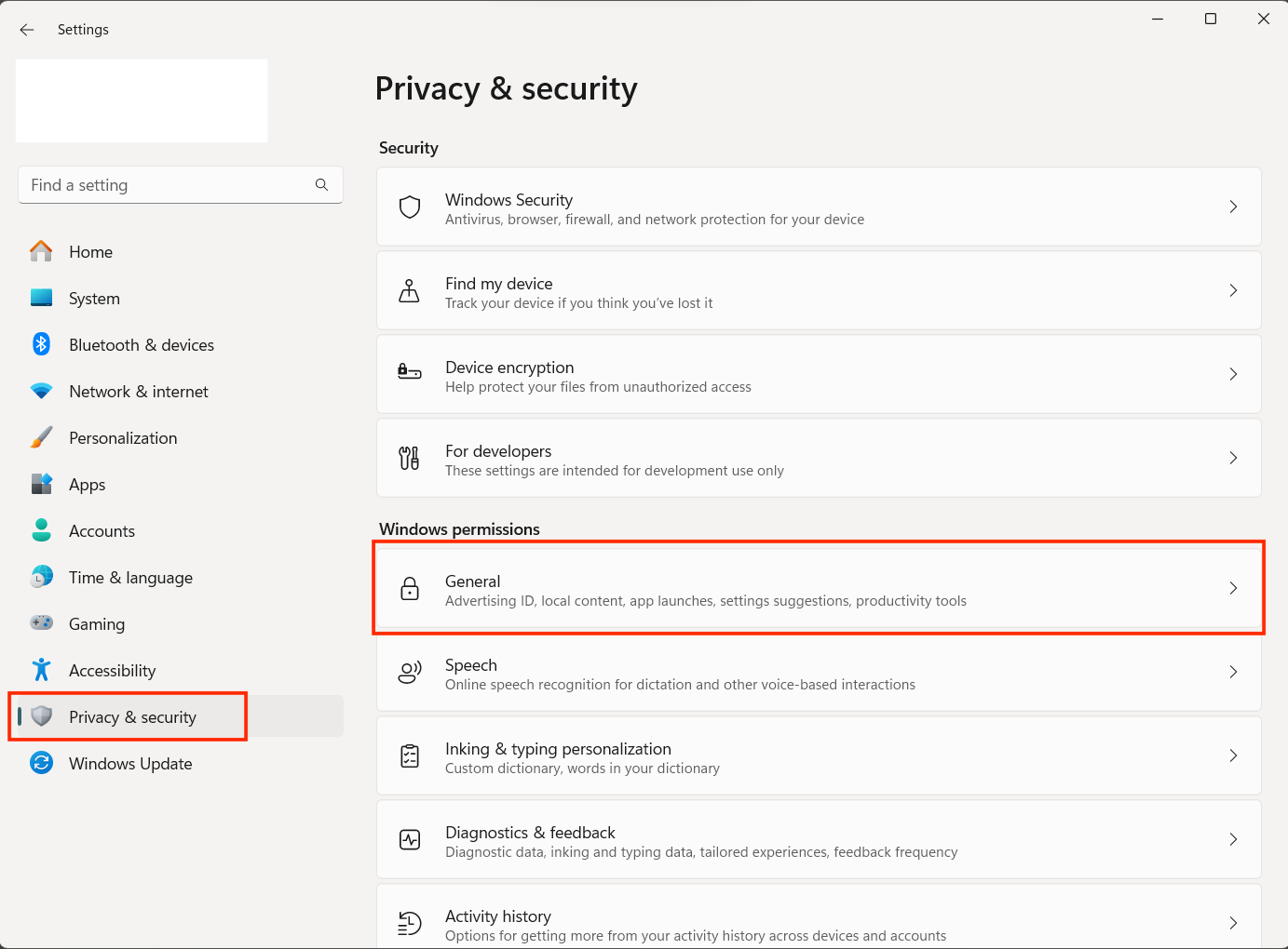Settings window on Windows 11, highlighting the Privacy sidebar and General option. Settings window on Windows 11, highlighting the Privacy sidebar and General option.