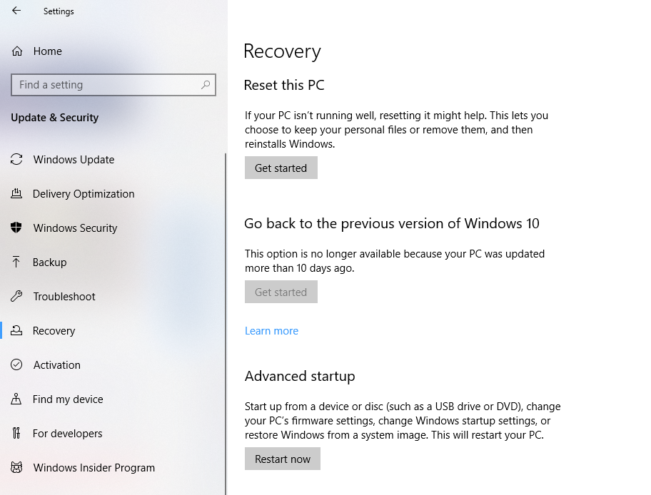 Select Recovery from the left-hand sidebar, then click Get started. Select Recovery from the left-hand sidebar, then click Get started.