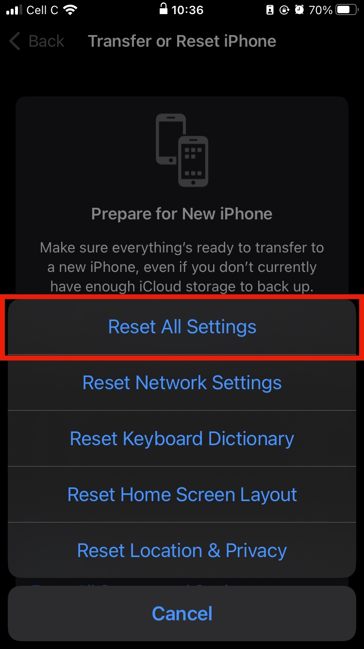 transfer or reset iPhone page with the reset all settings option outlined in red transfer or reset iPhone page with the reset all settings option outlined in red