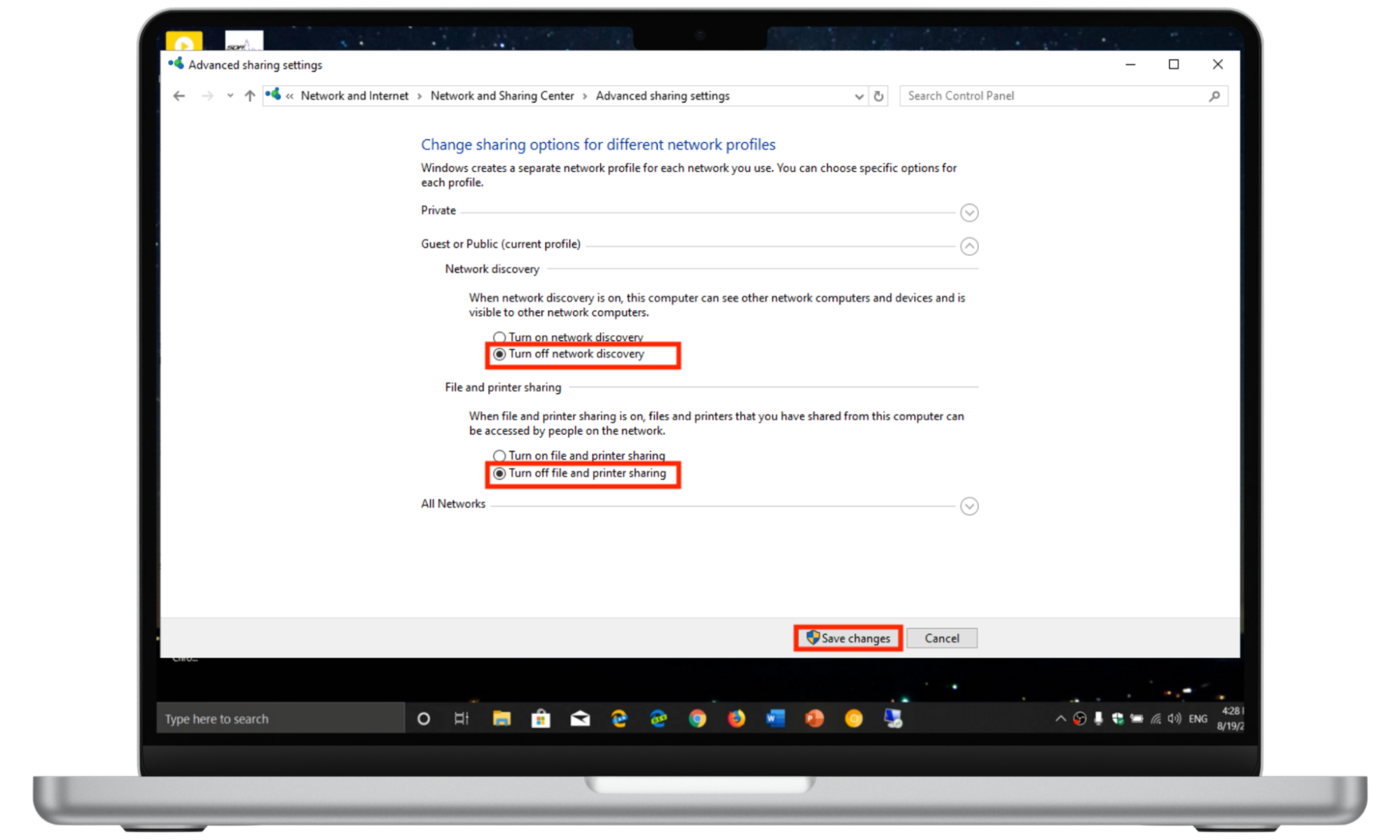 Step 5-6. Turn off both Network Discovery and File and printer sharing, and hit Save changes. Step 5-6. Turn off both Network Discovery and File and printer sharing, and hit Save changes.