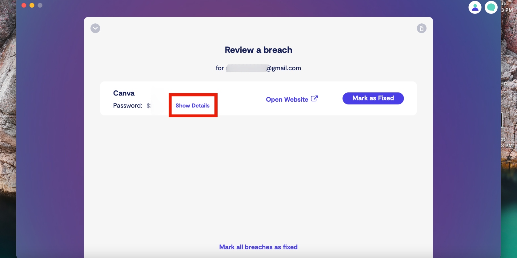details button for breached email in Clario app details button for breached email in Clario app