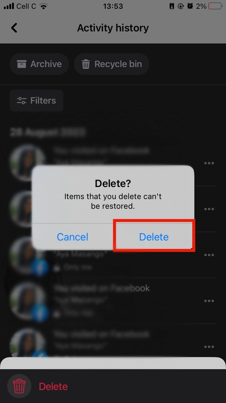 Deleting Facebook activity history on the mobile app. Deleting Facebook activity history on the mobile app.