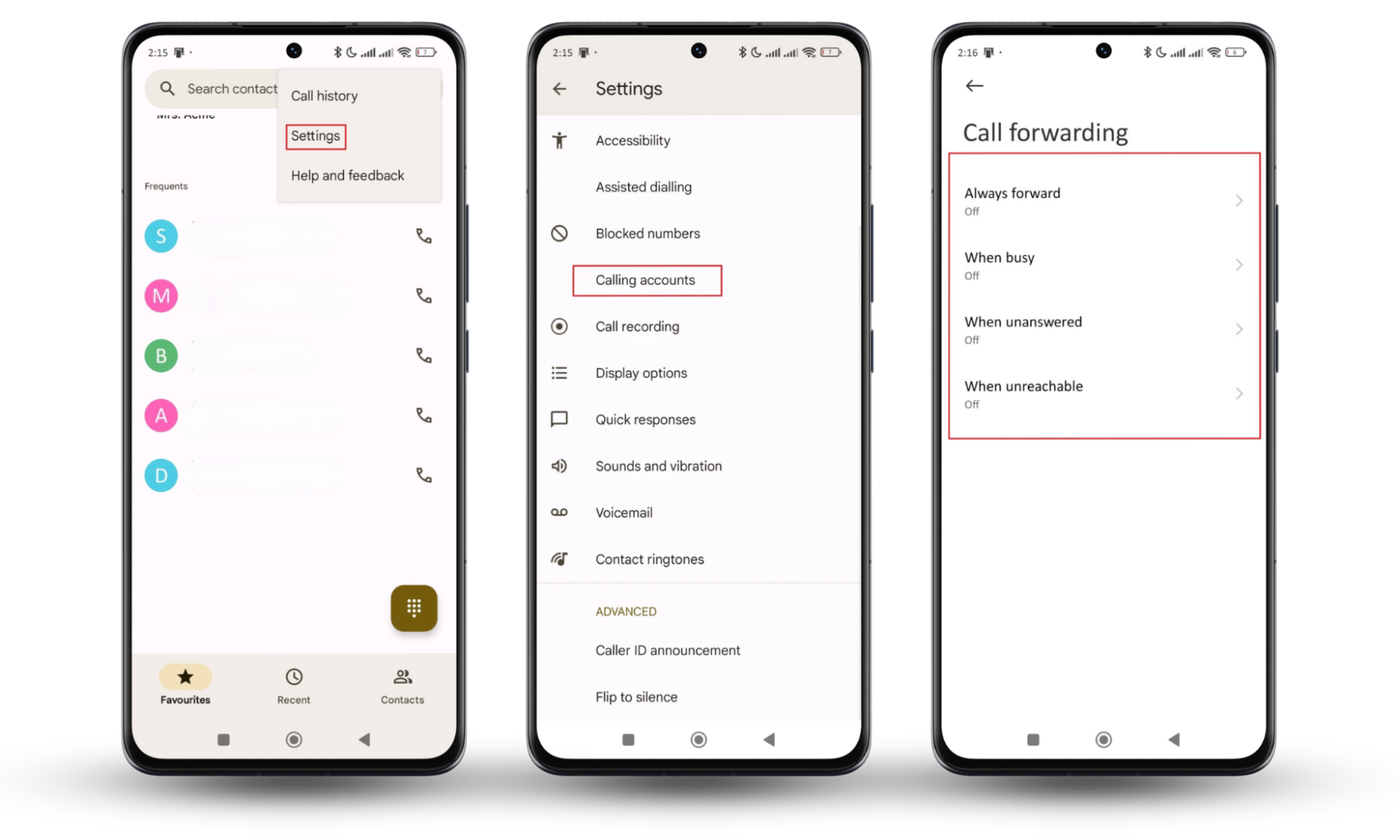 Instructions on how to open the Phone app, access call settings, and disable call forwarding to fix a hacked Android phone. Instructions on how to open the Phone app, access call settings, and disable call forwarding to fix a hacked Android phone.