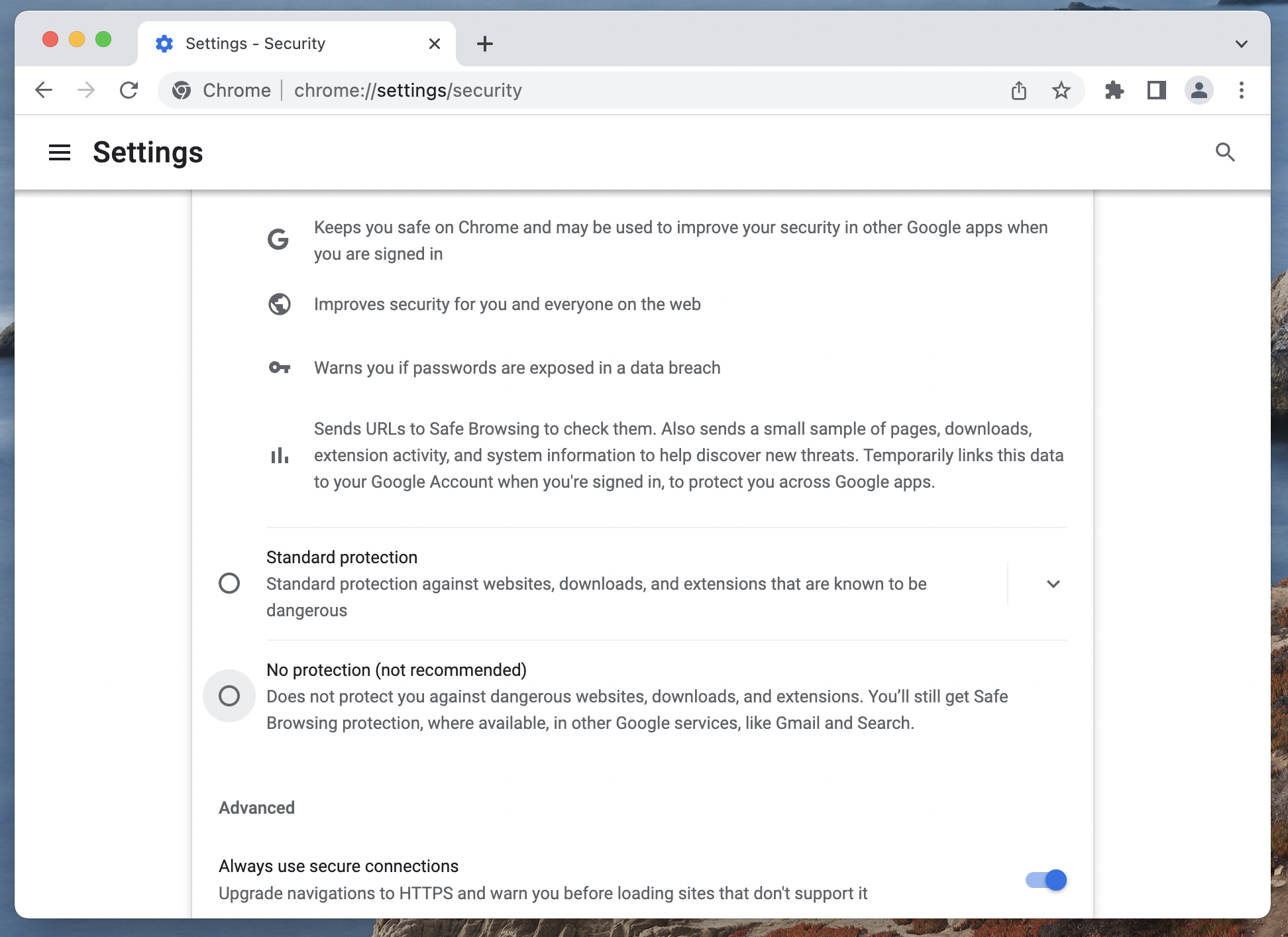 Security settings in Google Chrome Security settings in Google Chrome