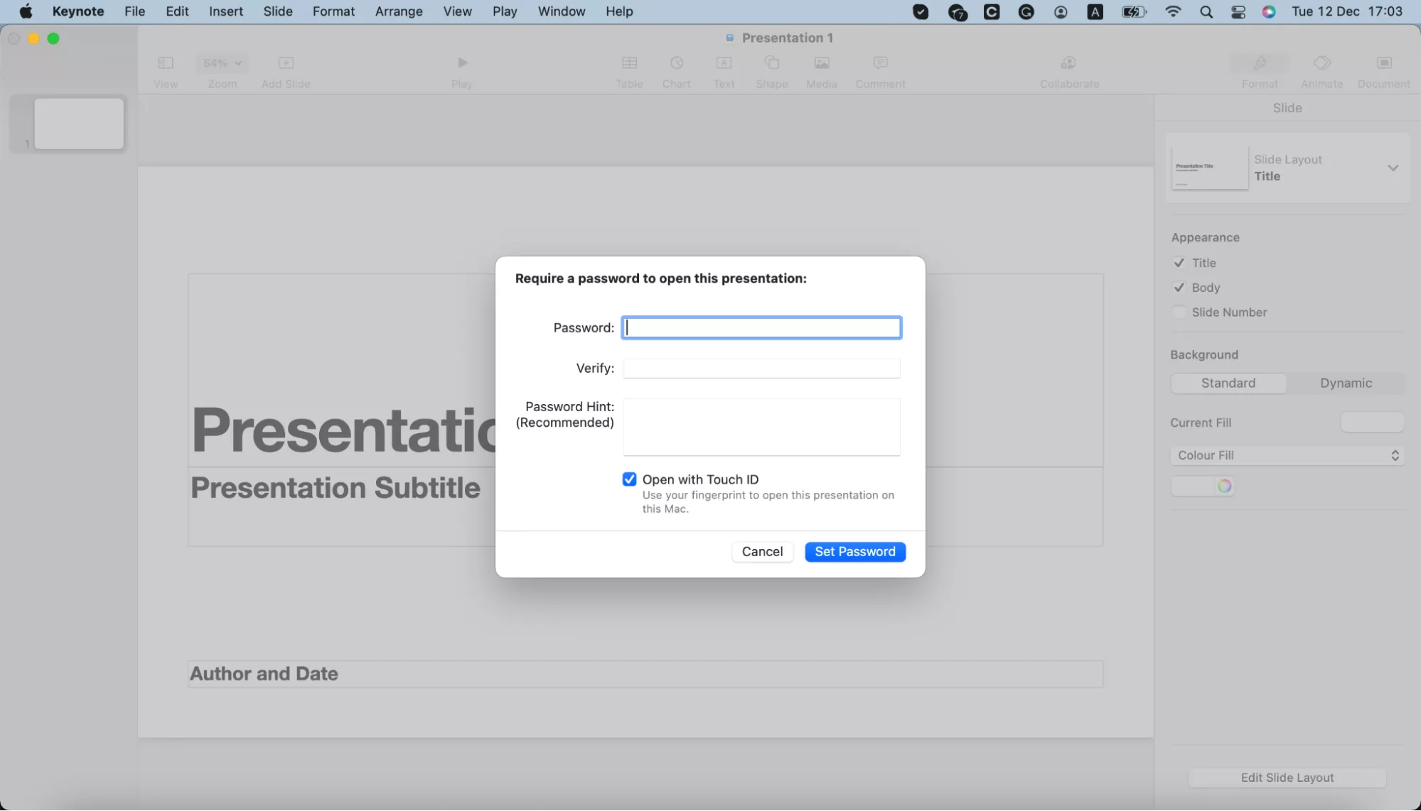 Keynote shows the window for adding a password to a document. Create and then verify your password, then click Set Password.