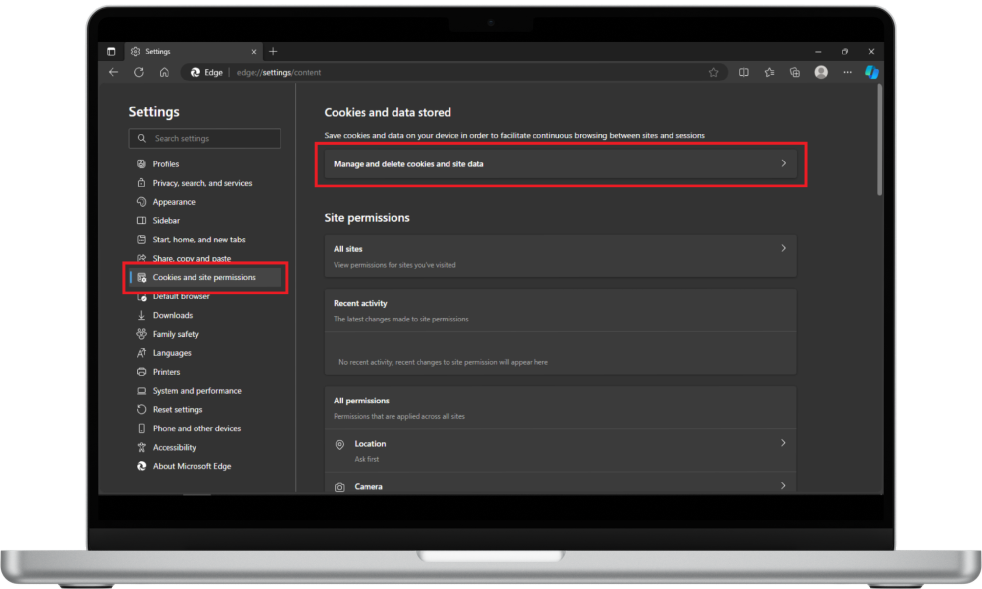 A Windows device screen depicting steps to the cookies settings in Microsoft Edge. A Windows device screen depicting steps to the cookies settings in Microsoft Edge.