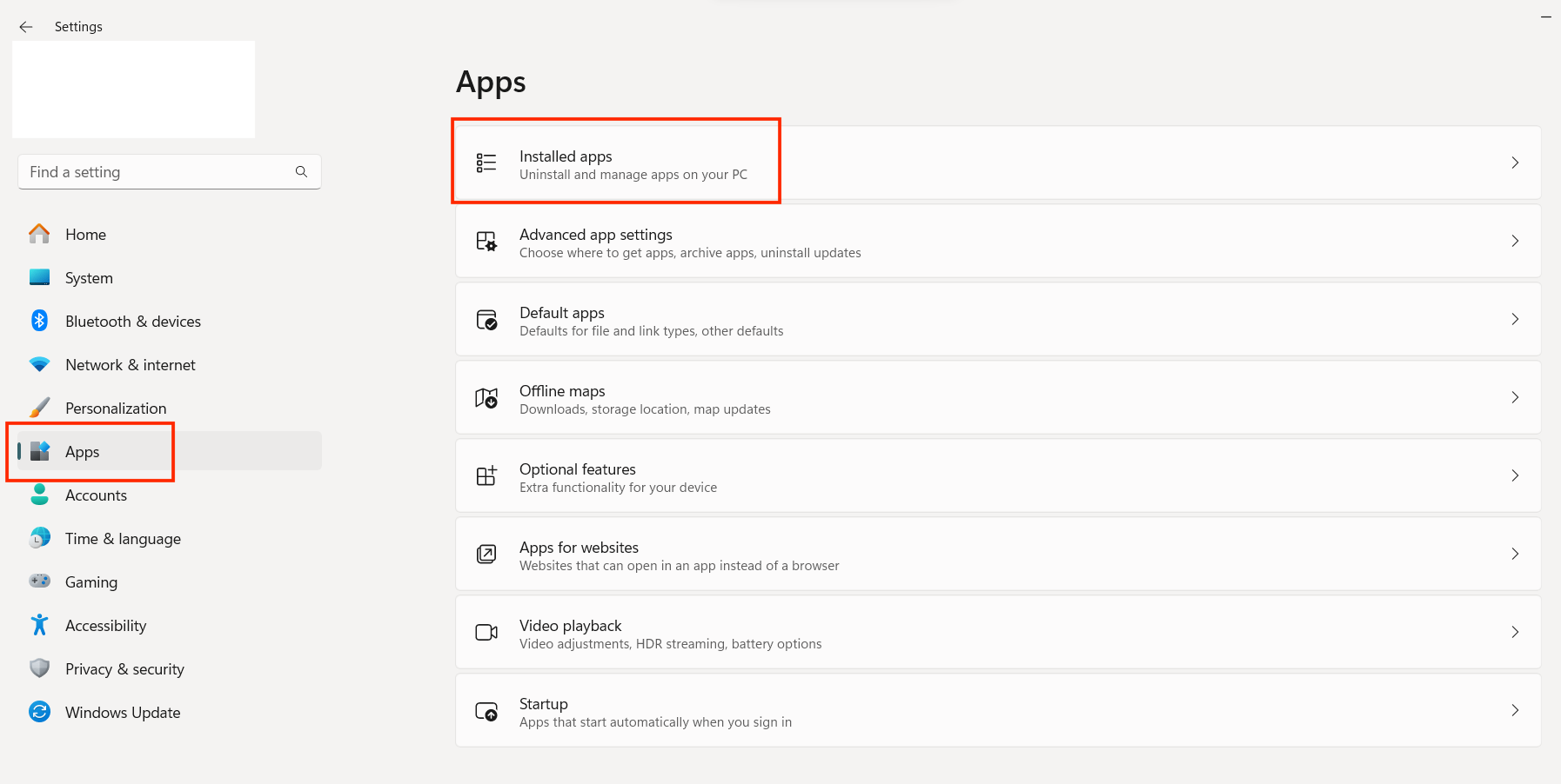 The Windows Settings menu on Windows 11, with theApps tab highlighted, as well as the Installed app option The Windows Settings menu on Windows 11, with theApps tab highlighted, as well as the Installed app option