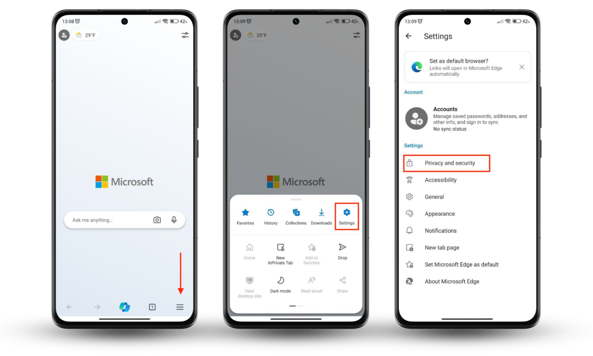 Android device screen showing steps to block Microsoft Edge cookies on Android. Android device screen showing steps to block Microsoft Edge cookies on Android.