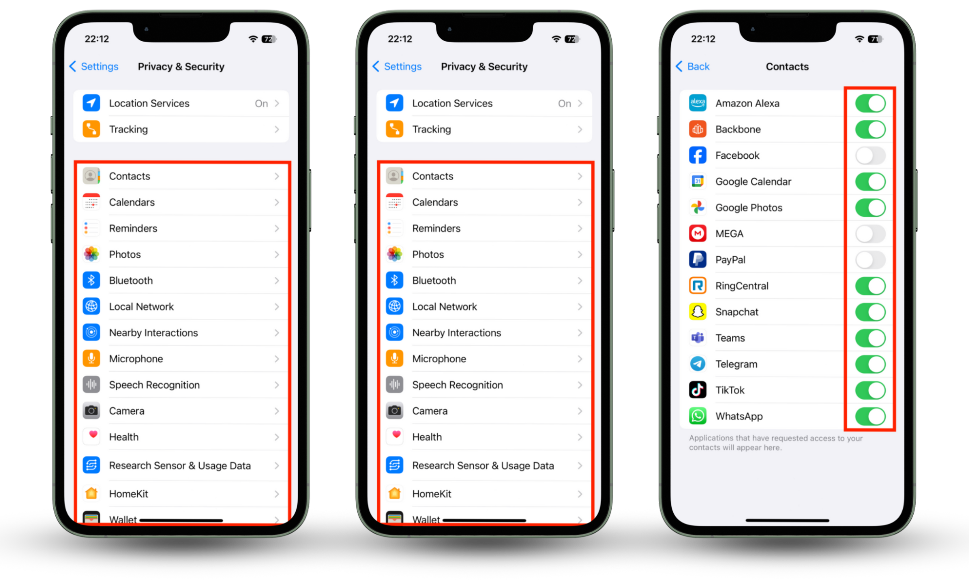 The Privacy & Security section inside the Settings app on iPhone. Tap each of the permissions, then use the toggles to enable or disable access for each app. This will prevent apps from tapping into your FaceTime calls. The Privacy & Security section inside the Settings app on iPhone. Tap each of the permissions, then use the toggles to enable or disable access for each app. This will prevent apps from tapping into your FaceTime calls.