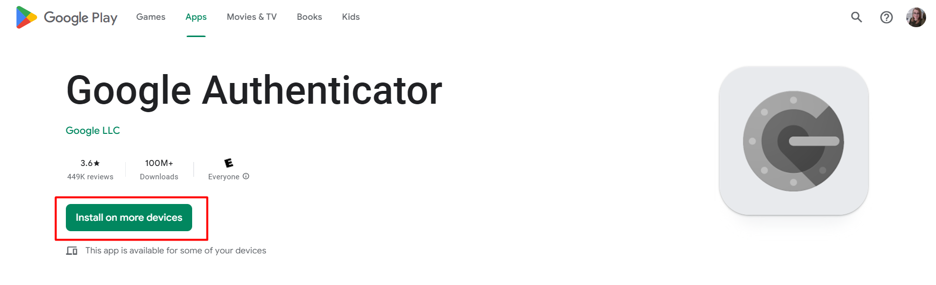 Screenshot of Google Authenticator app in Google Play store on desktop Screenshot of Google Authenticator app in Google Play store on desktop